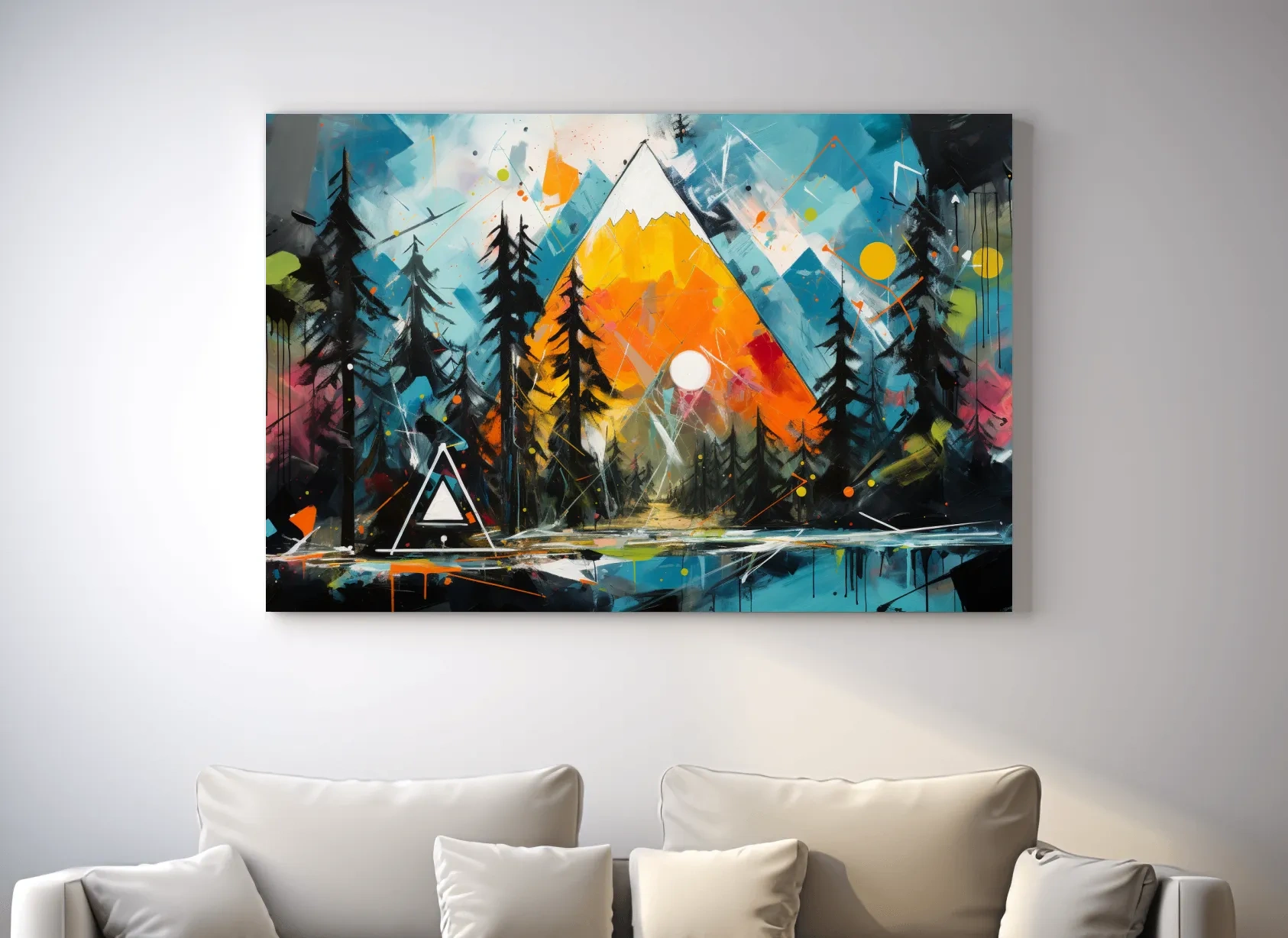Vibrant Abstract Mountain Sunrise With Pine Forest - Energetic Landscape Wall Art