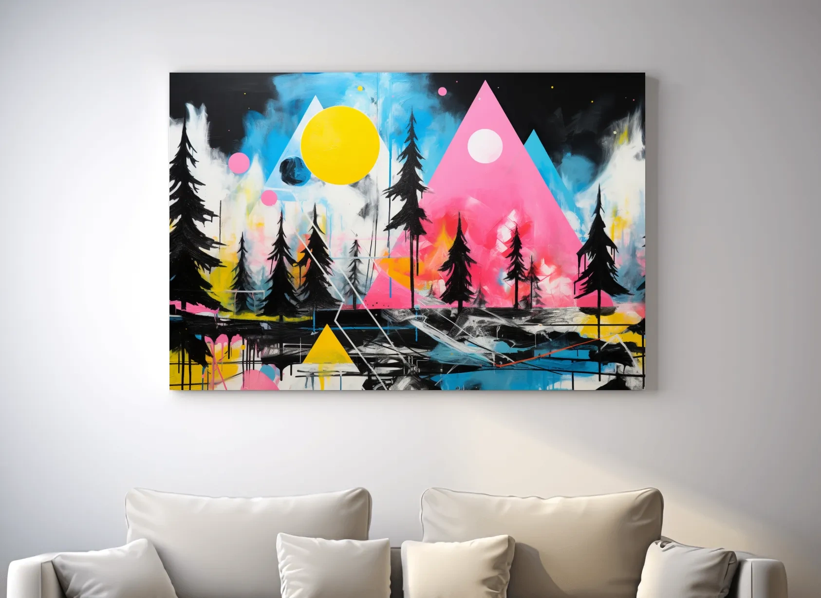 Neon Geometric Mountain Forest Painting - Vibrant Abstract Wall Art
