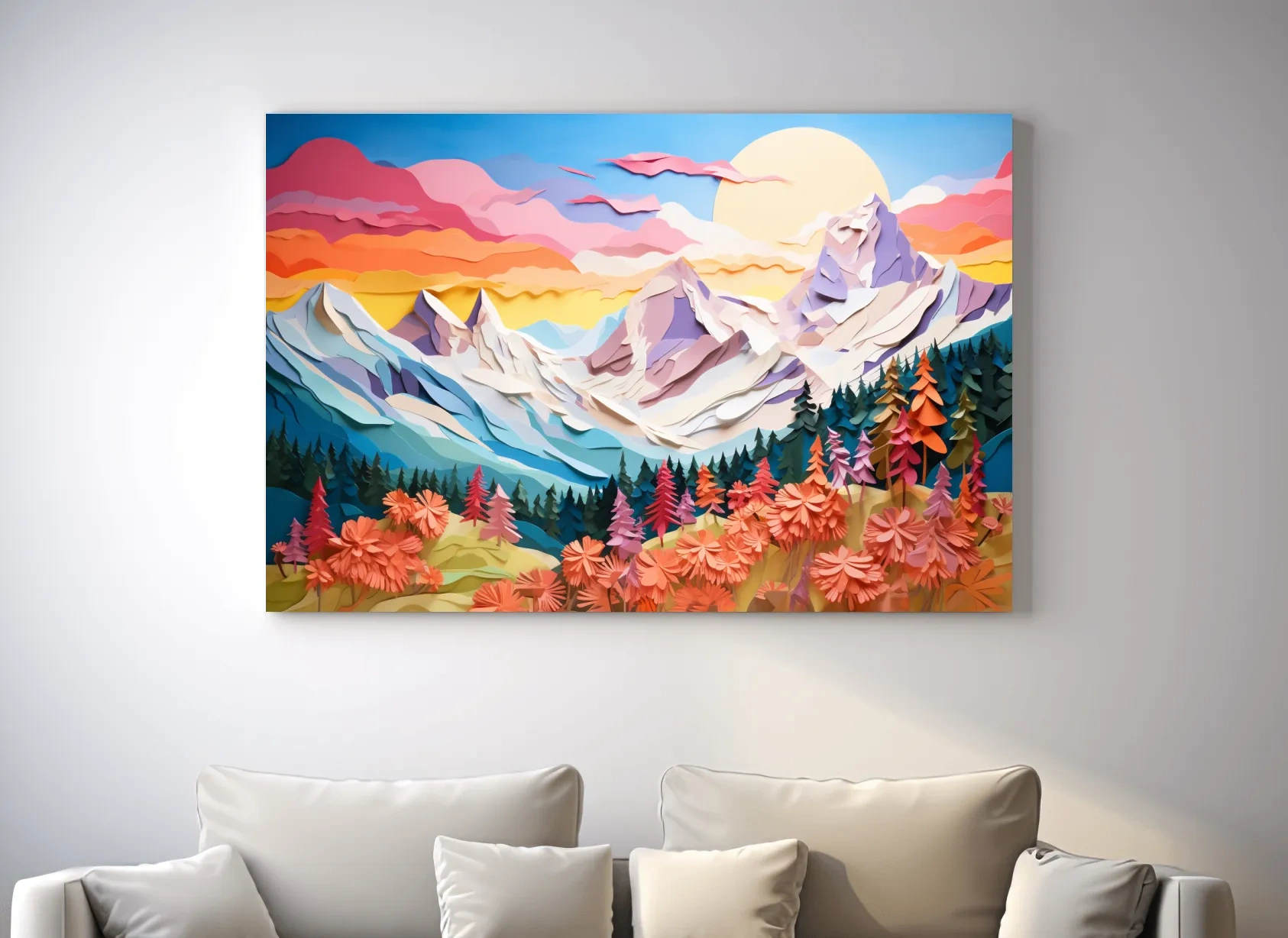 Faux Paper Cut Mountain Sunrise Landscape - Colorful Alpine Meadows Wall Art Print