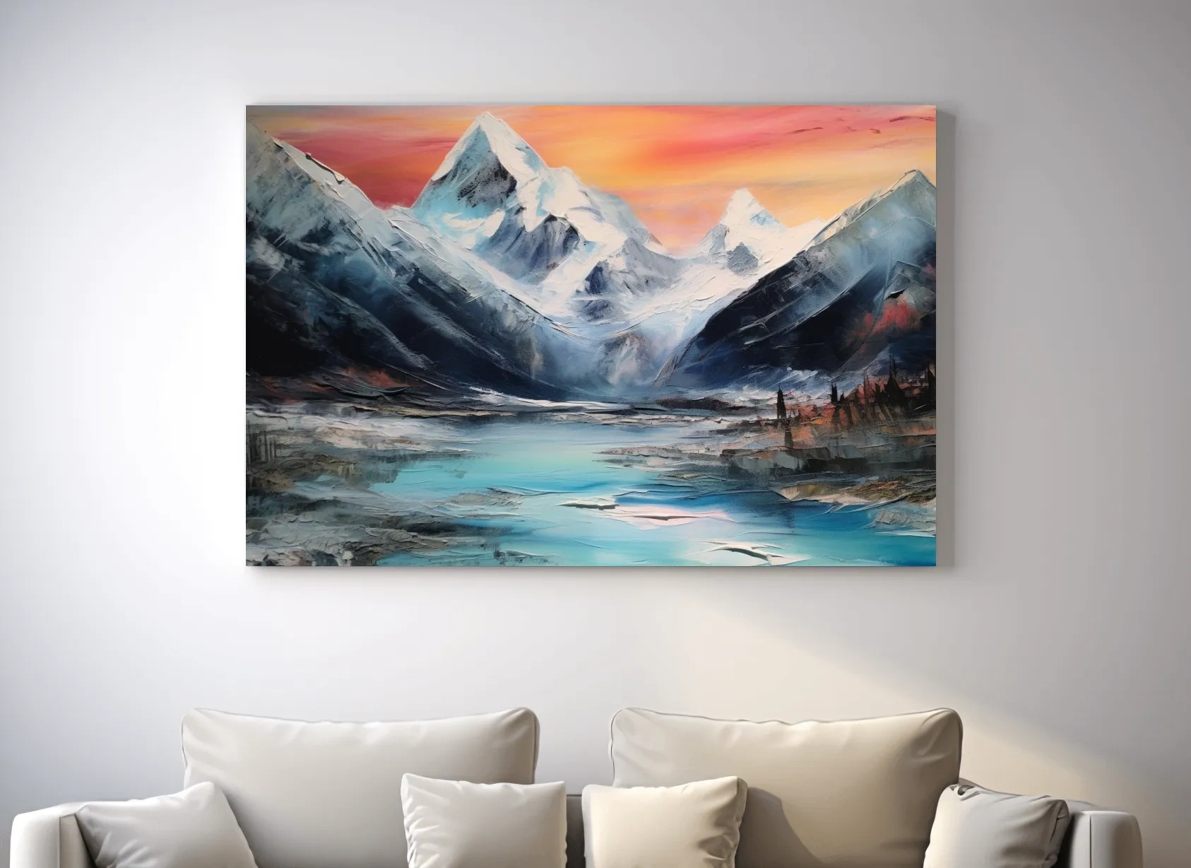 Bold oil painting of a glacier at sunset