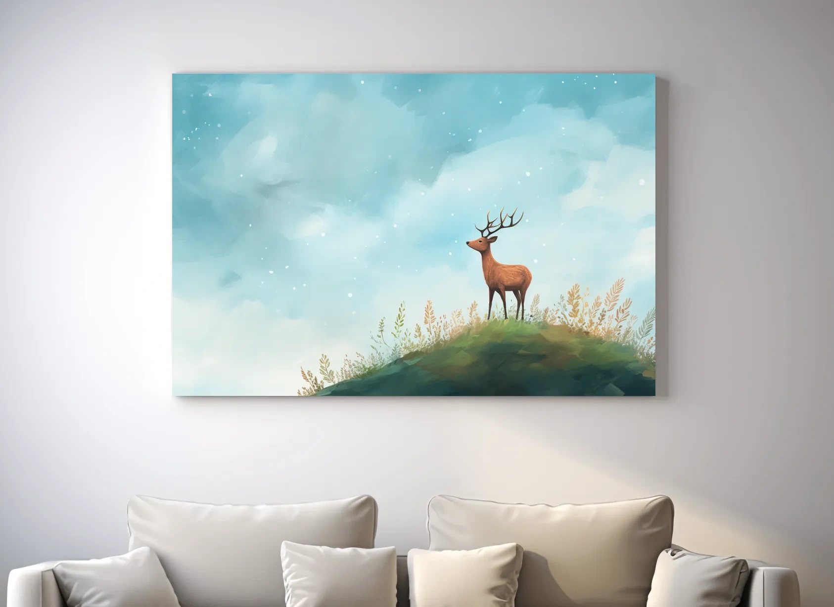 Whimsical Watercolor Stag On Meadow Hill - Nursery Woodland Wildlife Wall Art