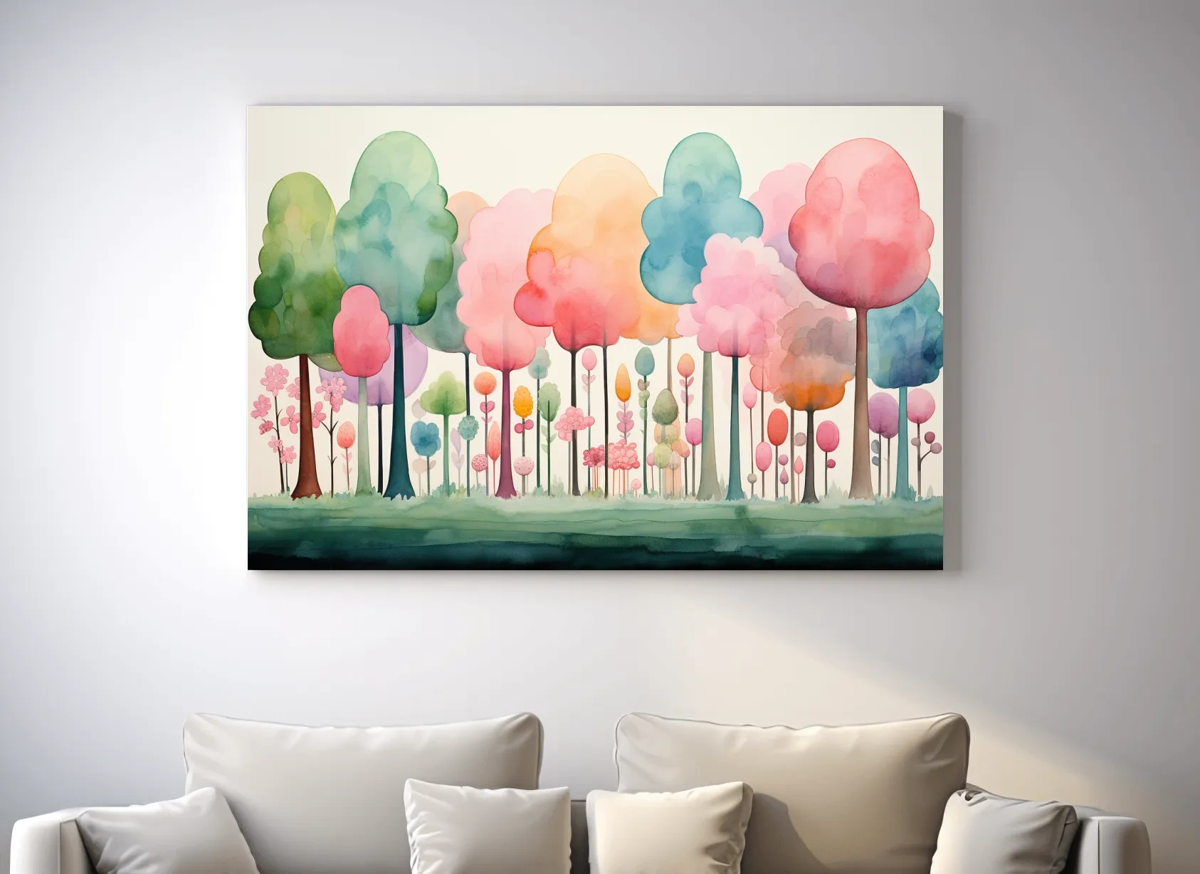 Whimsical Pastel Watercolor Forest - Colorful Nursery Wall Art