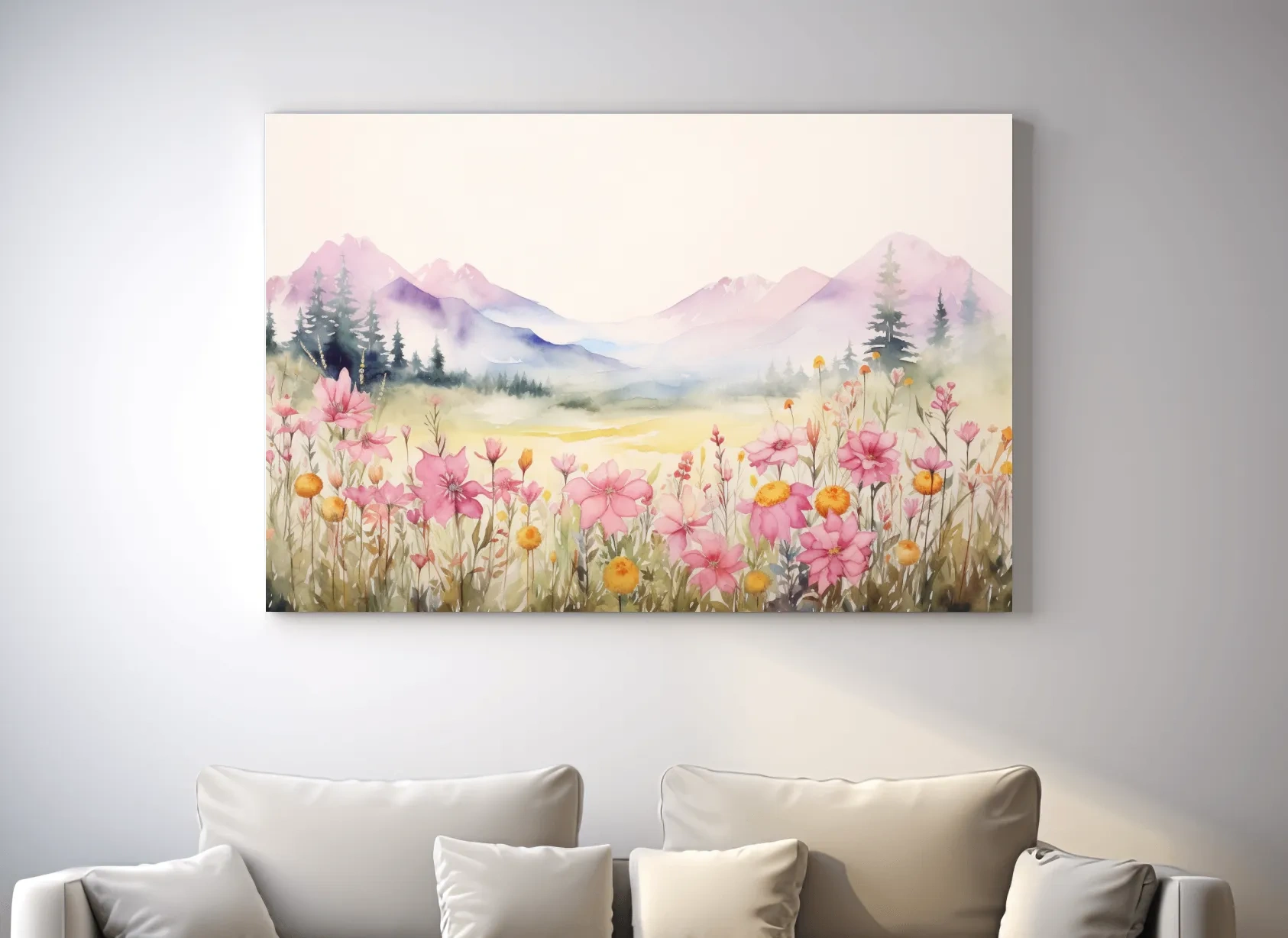Pastel Wildflower Meadow Mountains Watercolor - Serene Alpine Wall Art