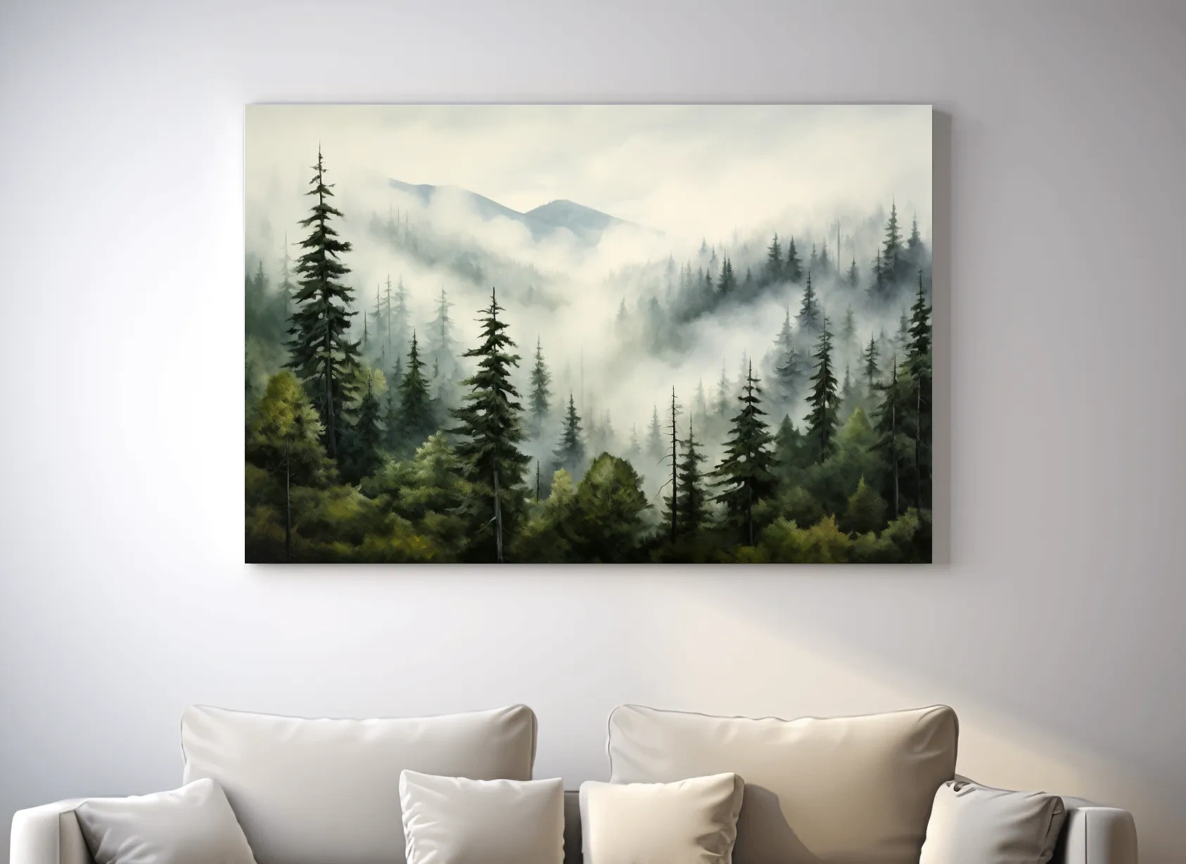 Foggy Alpine Mountain Forest Painting - Moody Watercolor Landscape Wall Art