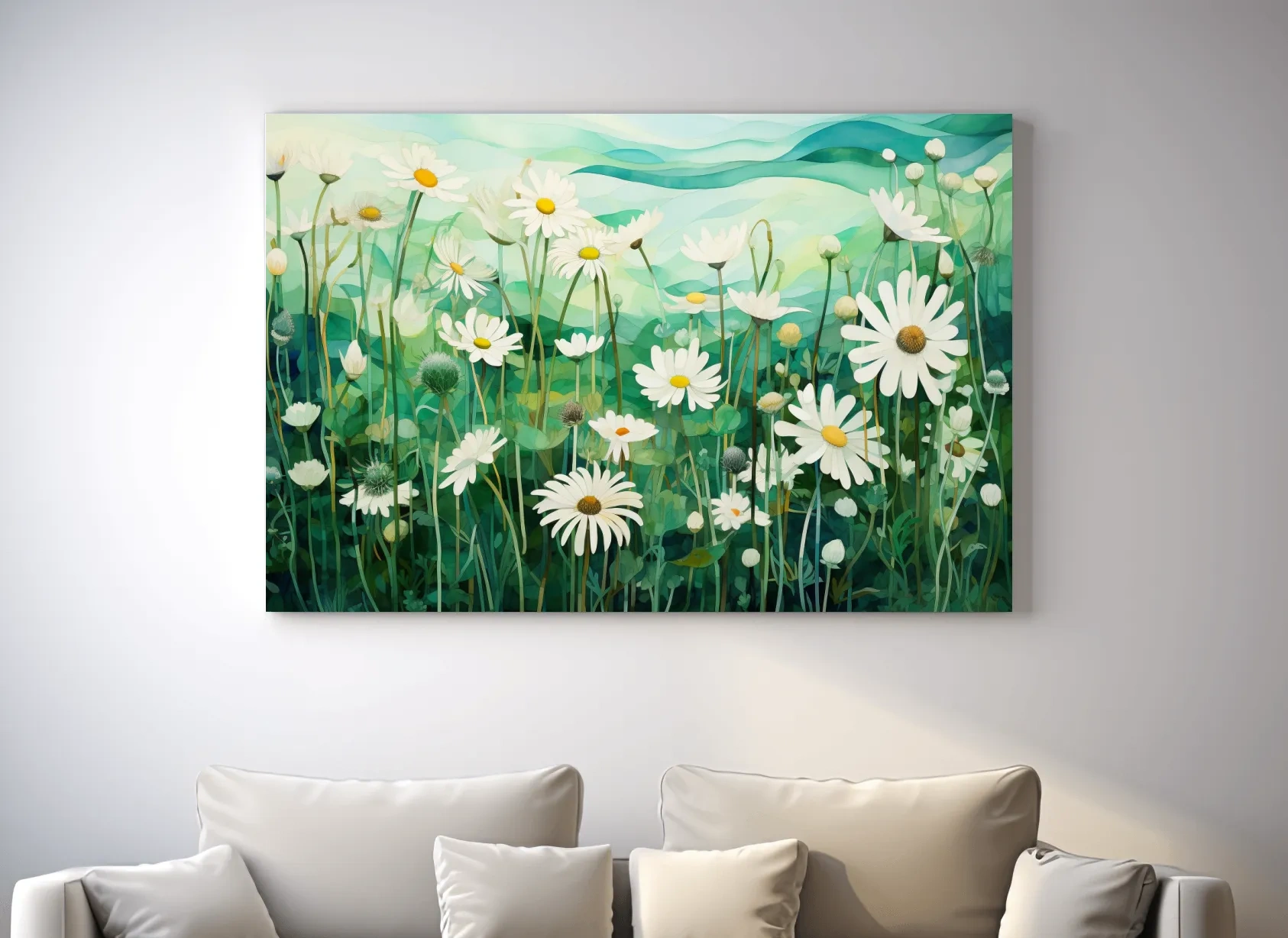 Whimsical Wild Daisy Meadow Landscape - Botanical Watercolor Style Wall Art