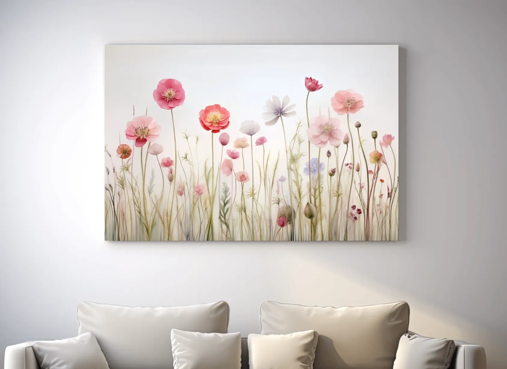 Soft Pastel Wildflower Meadow Watercolor - Minimalist Floral Botanical Wall Art