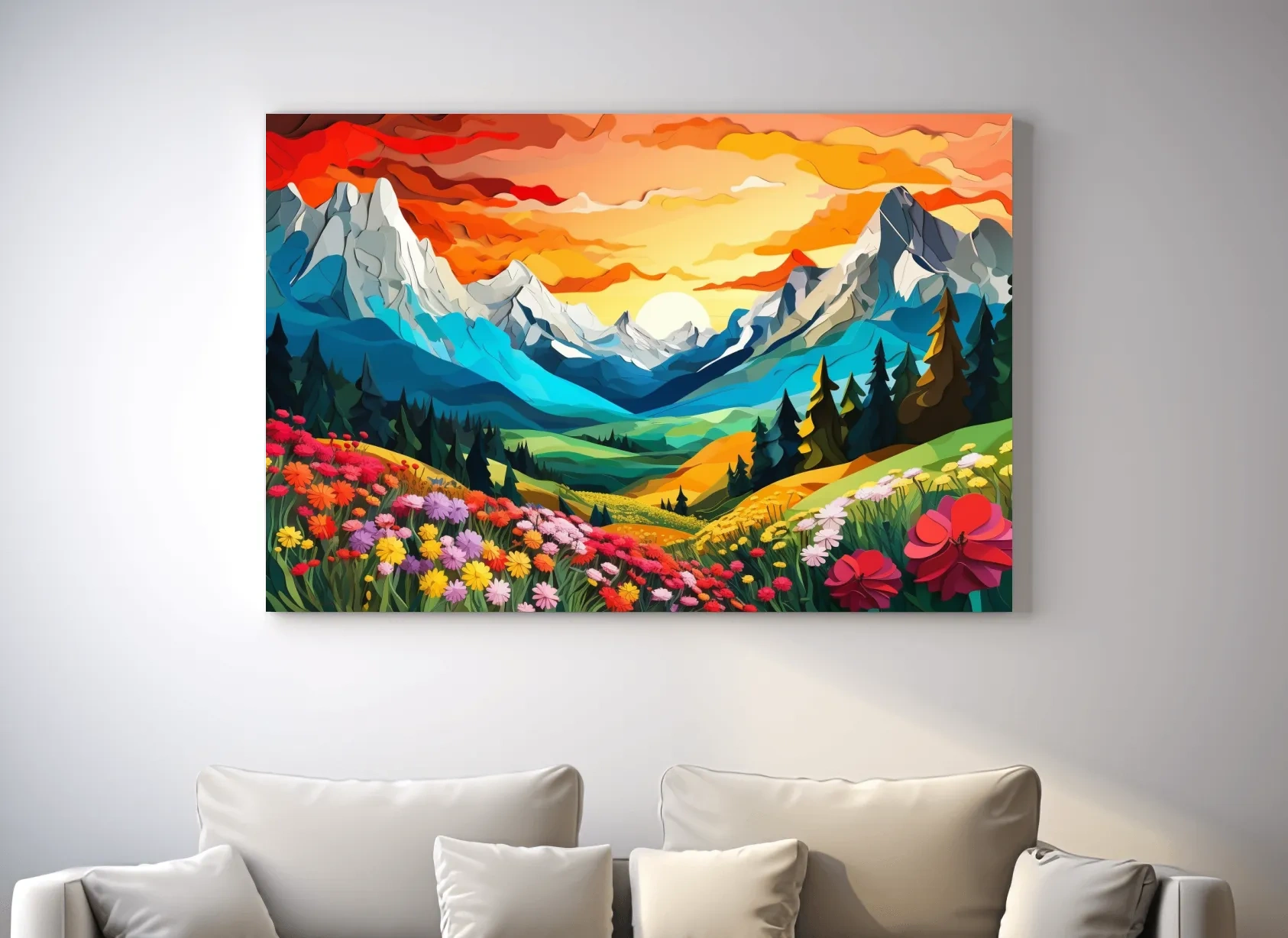 Vibrant Wildflower Mountain Valley Sunset - Colorful Paper Cutout Style Wall Art