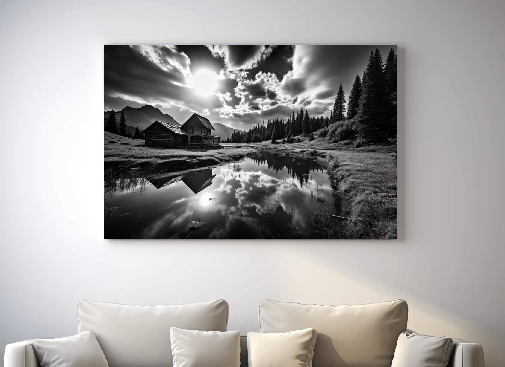 Moody Black And White Mountain Cabin Reflection - Dramatic Alpine Landscape Photography Wall Art