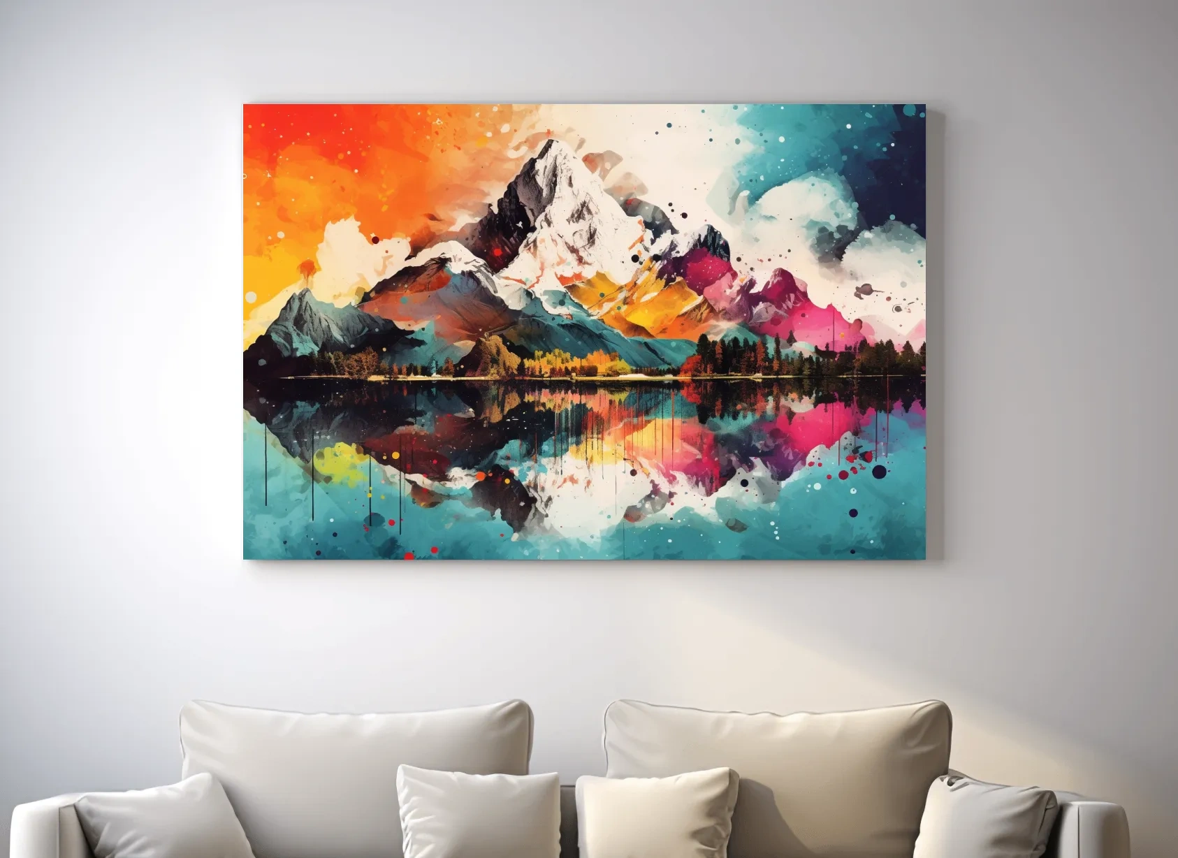 Vibrant Abstract Mountain Lake Collage Artwork - Colorful Watercolor Splash Wall Art