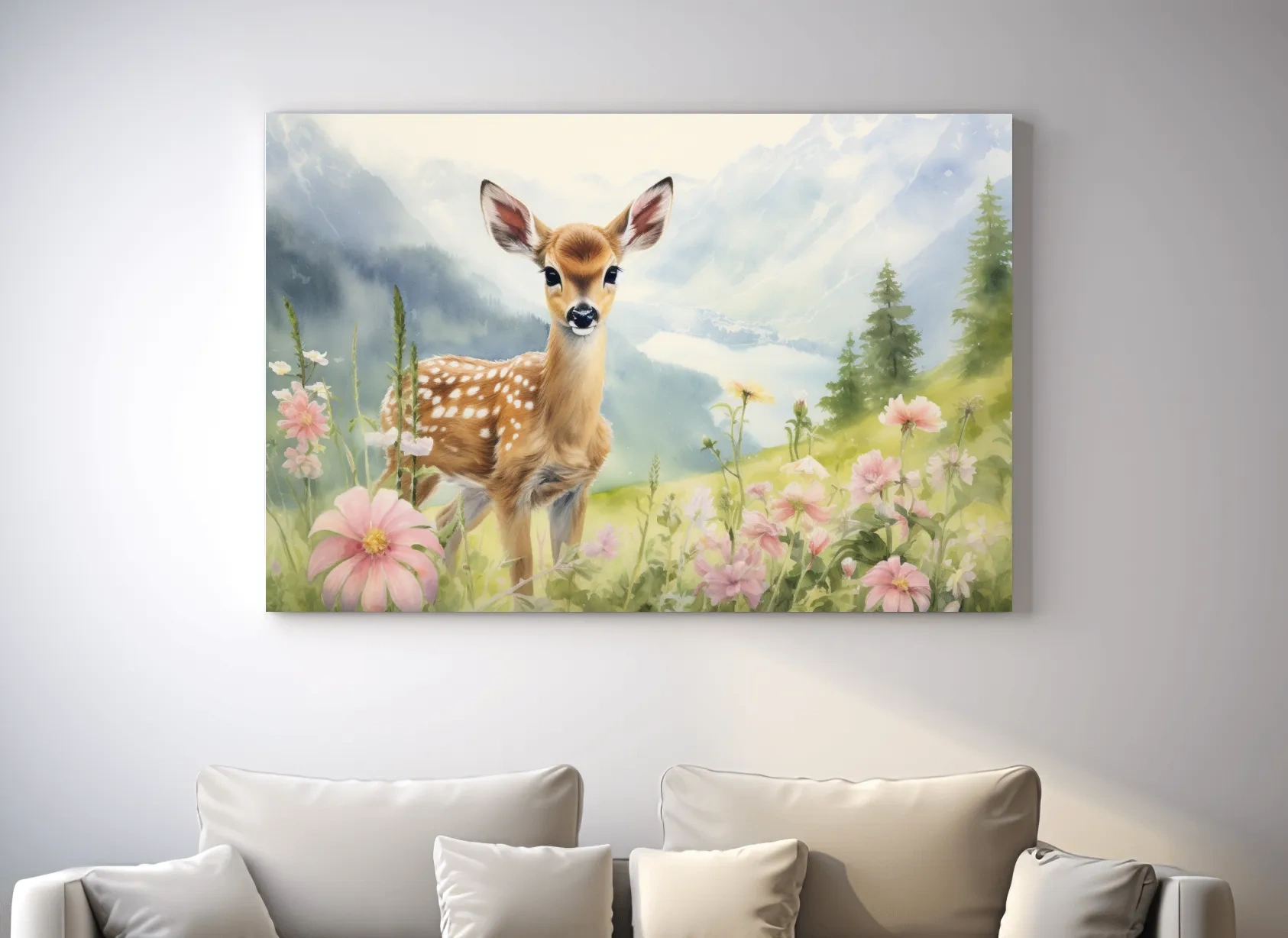 Painting of a deer fawn in the alpine meadows
