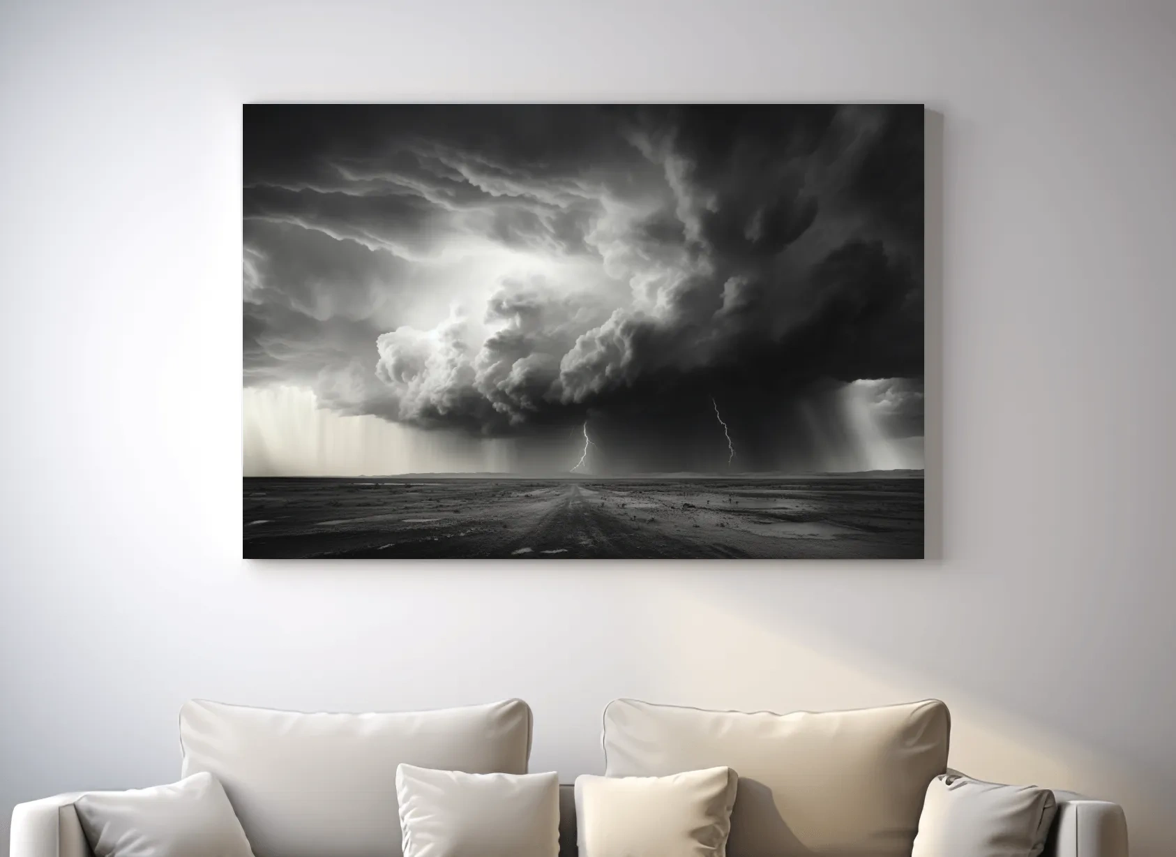 Moody Monochrome Thunderstorm Lightning Landscape - Dramatic Storm Cloud Wall Art