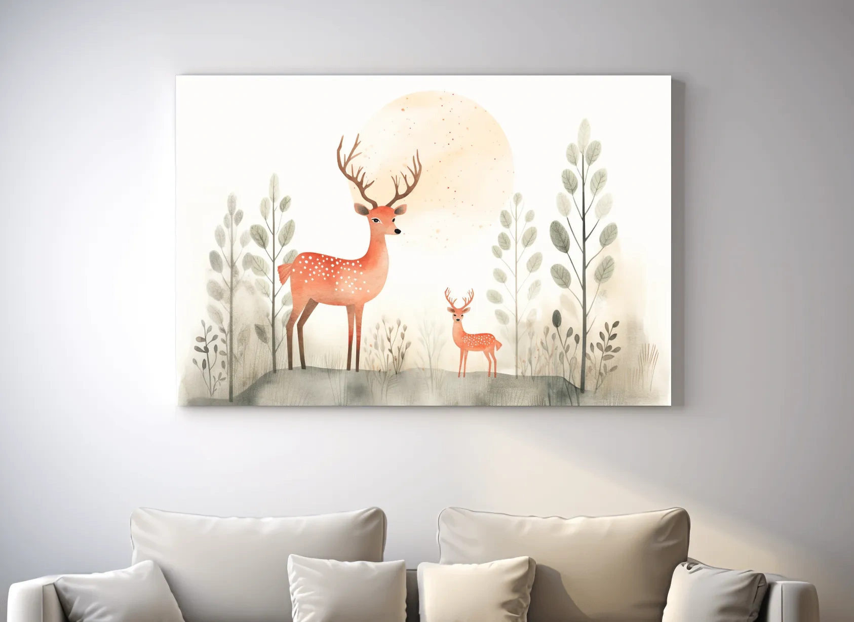 Whimsical Watercolor Deer Family Illustration - Scandinavian Nursery Forest Wall Art