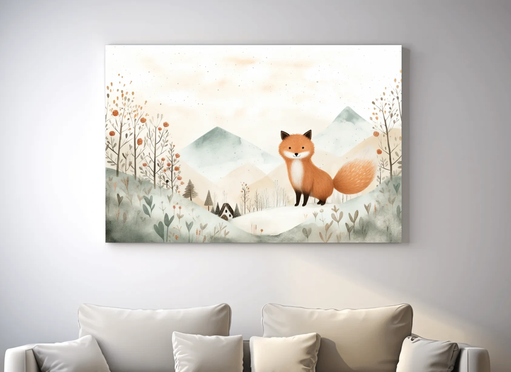 Whimsical Watercolor Fox In Pastel Mountains - Cute Nursery Animal Wall Art