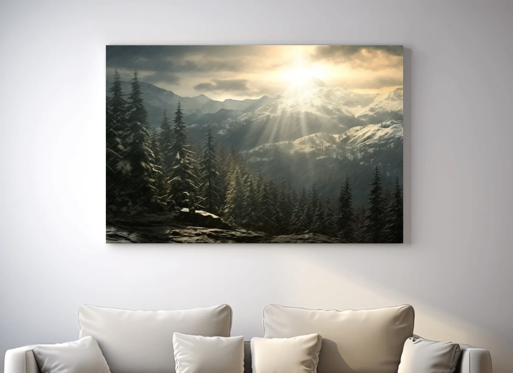 Mountain Snowstorm Sunrise Over Pine Forest - Dramatic Winter Landscape Artwork