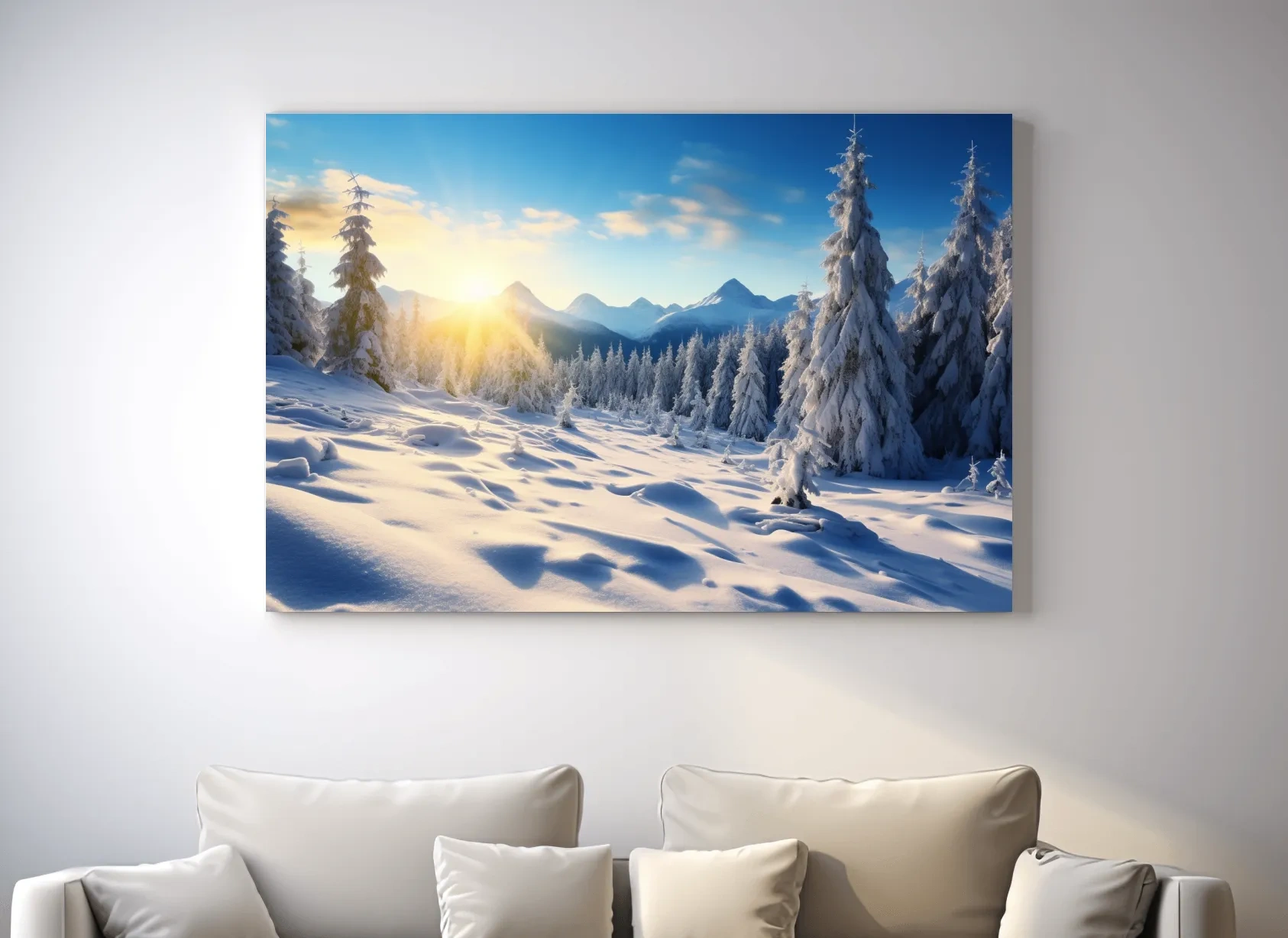 Snowy Sunrise Alpine Forest Landscape - Serene Photographic Nature Wall Art
