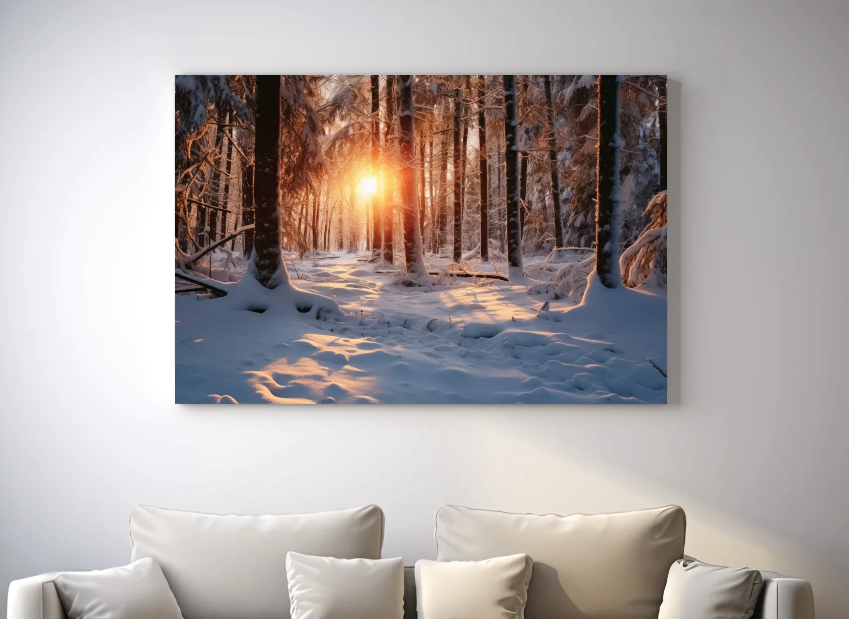 Golden Winter Sunrise Snowy Forest - Serene Nature Landscape Wall Art