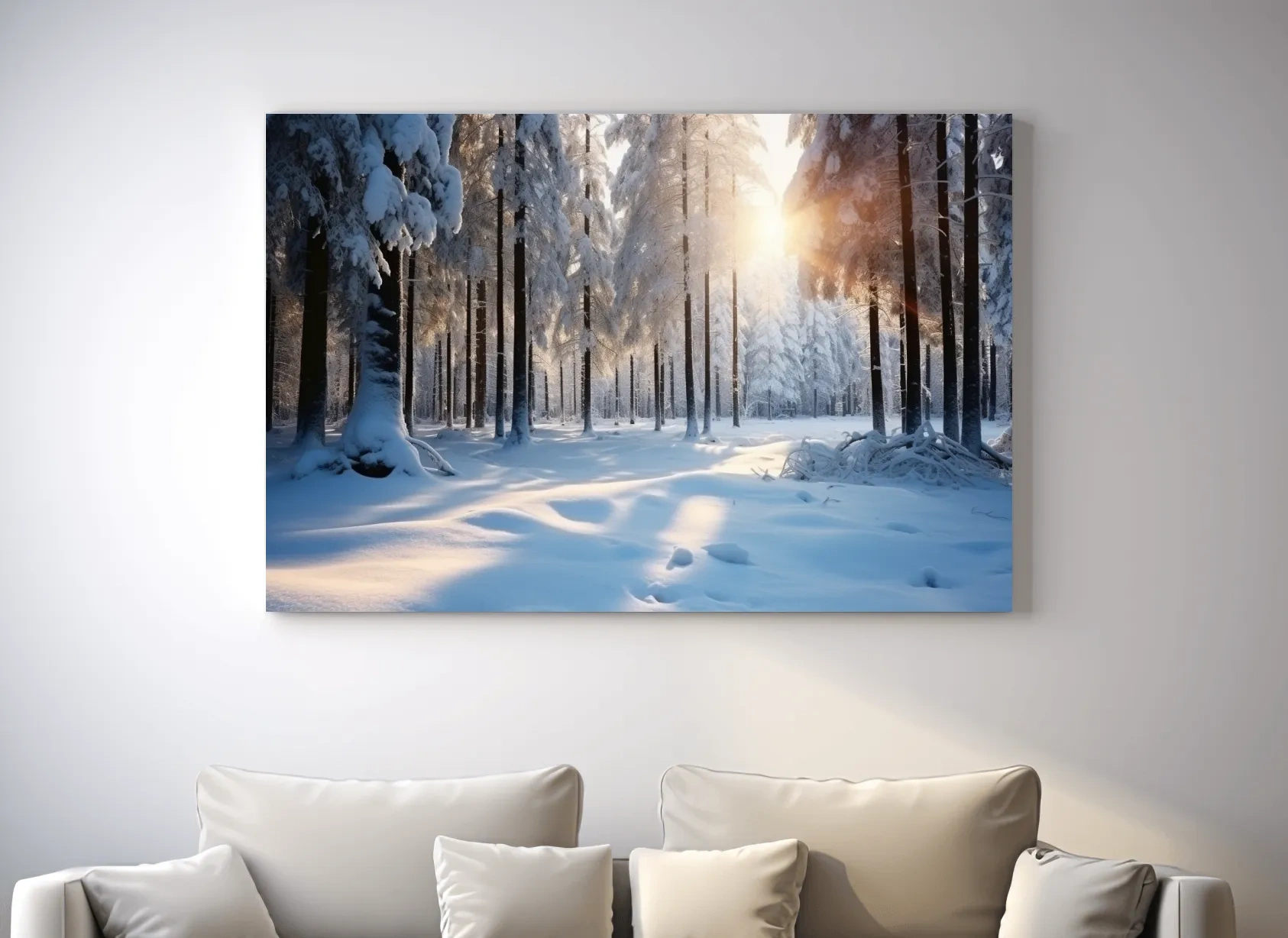 Sunlit Snowy Pine Forest Landscape - Serene Winter Nature Wall Art