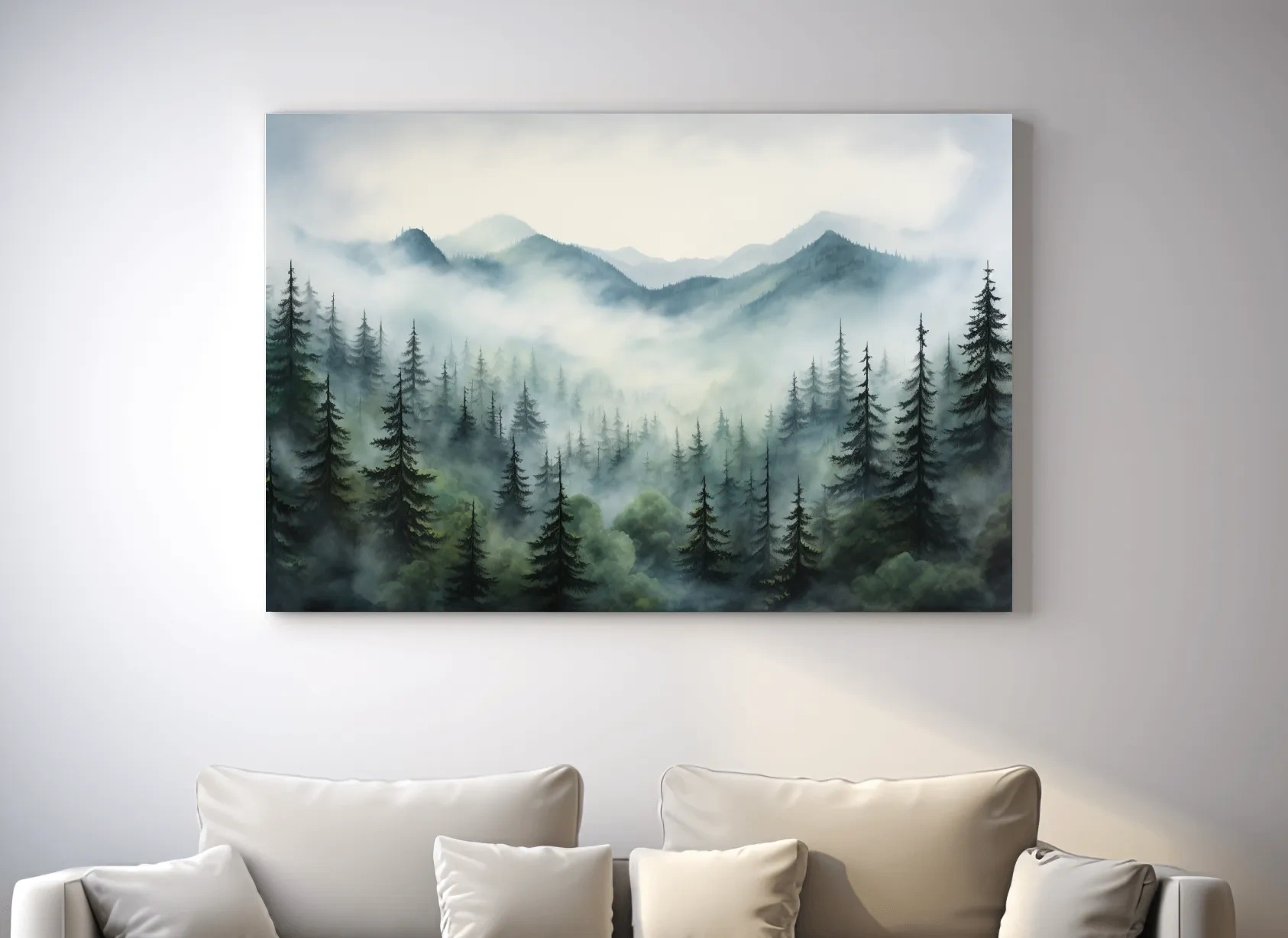Misty Alpine Forest Painting - Foggy Mountain Landscape Art