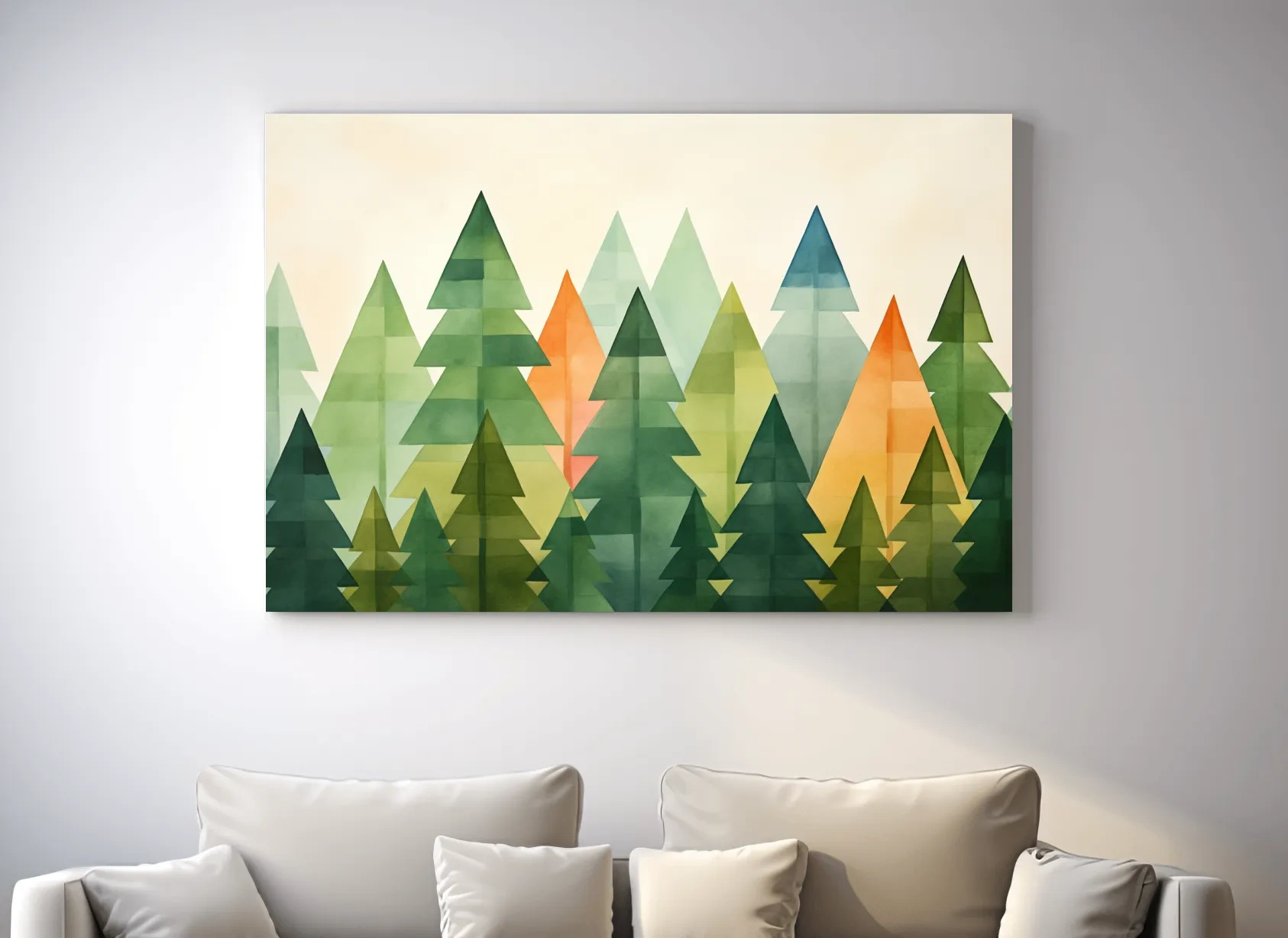 Geometric Watercolor Pine Forest Landscape - Modern Scandinavian Nature Wall Art