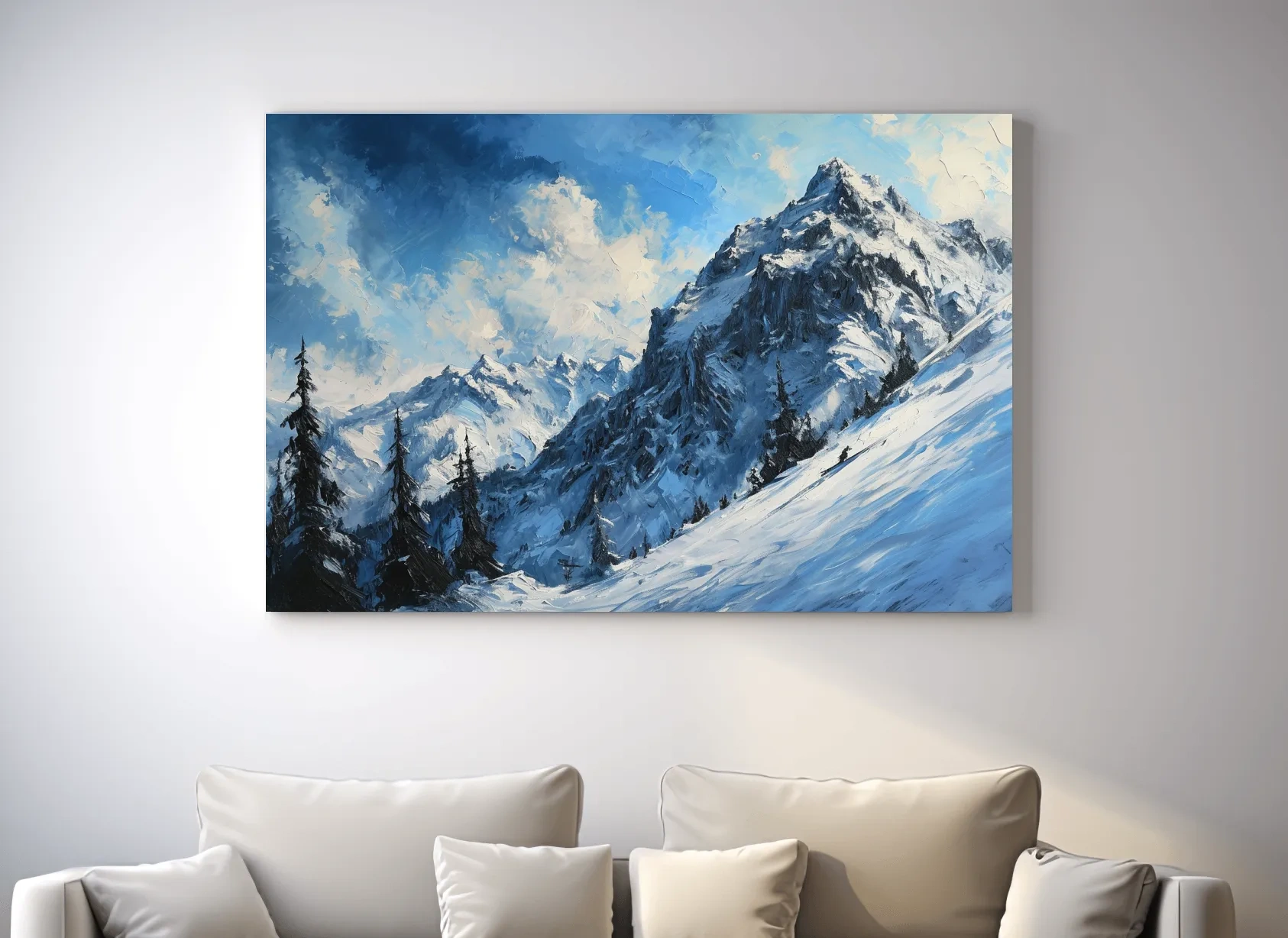 Alpine Snowy Peak Oil Painting - Moody Mountain Landscape Wall Art