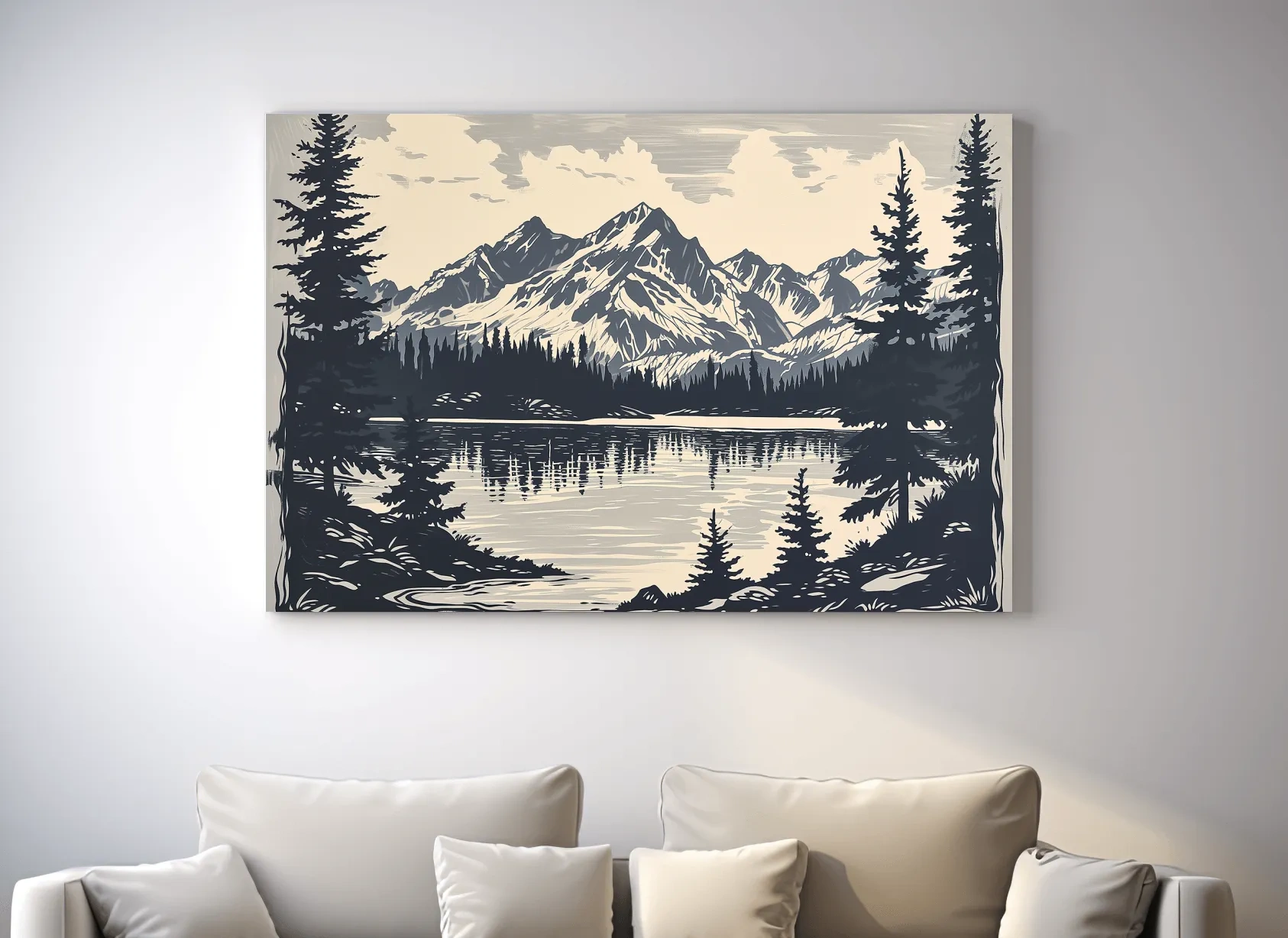Vintage Alpine Lake Mountain Illustration - Monochrome Linocut Style Artwork