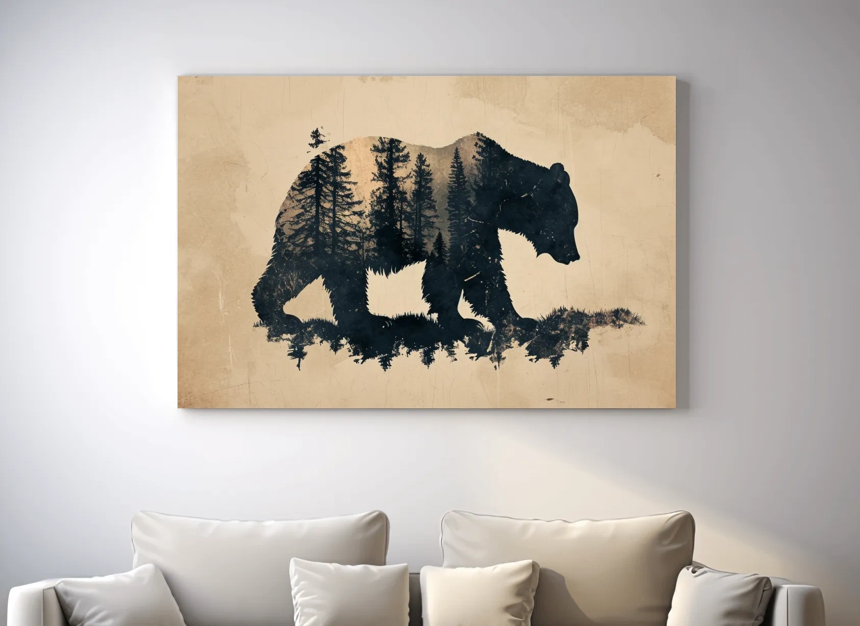 Vintage Grizzly Bear Forest Silhouette - Rustic Sepia Double Exposure Wildlife Wall Art