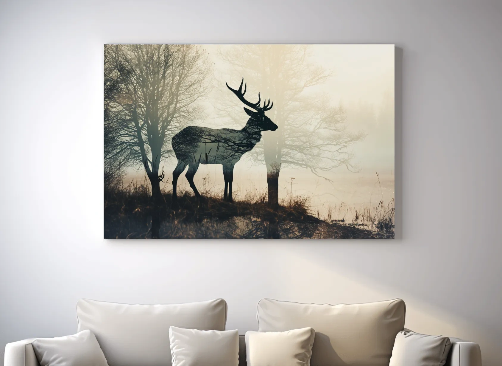 Misty Deer Silhouette Forest Landscape - Double Exposure Wildlife Photography Wall Art