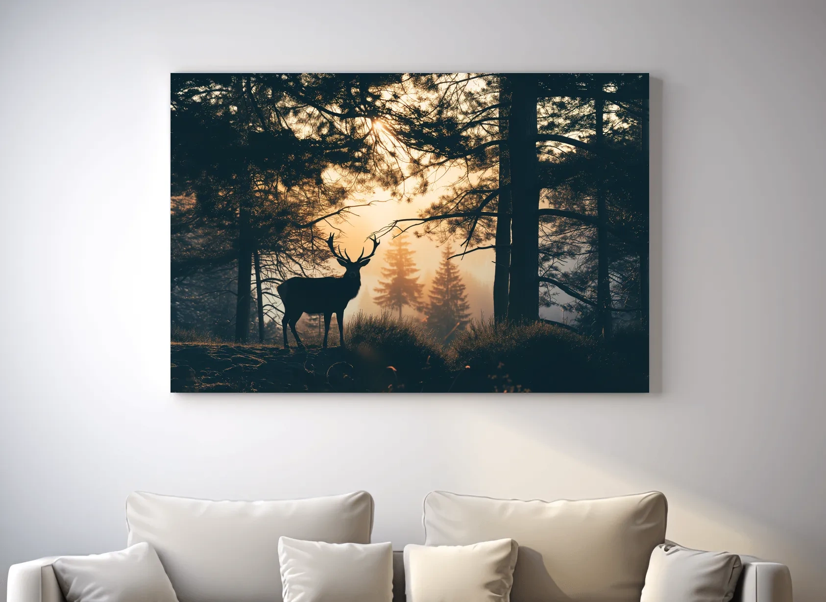 Moody Deer Silhouette In Misty Pine Forest - Golden Sunrise Wildlife Wall Art