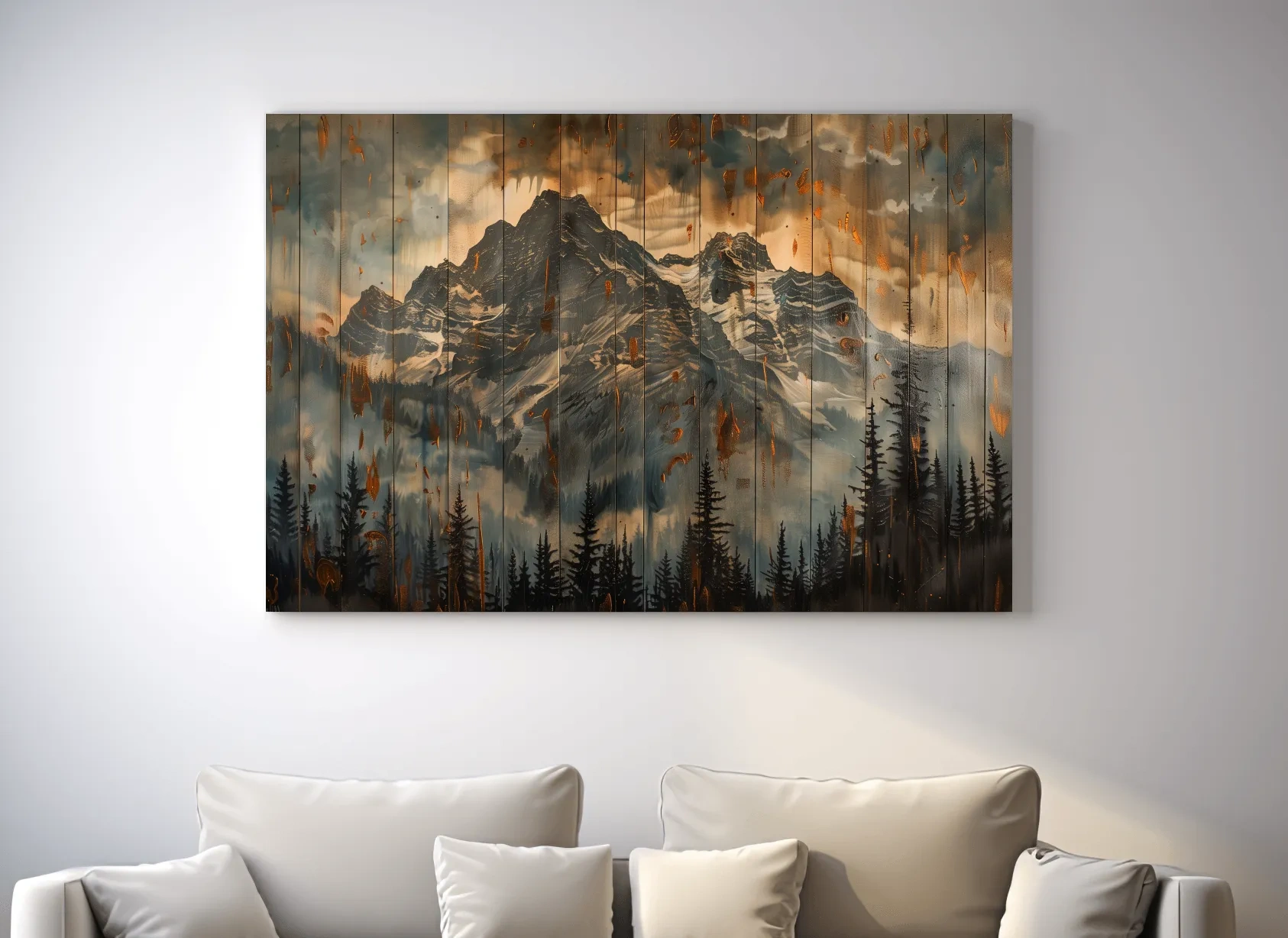 Rustic Mountain Range Painting - Alpine Forest Wood Panel Wall Art