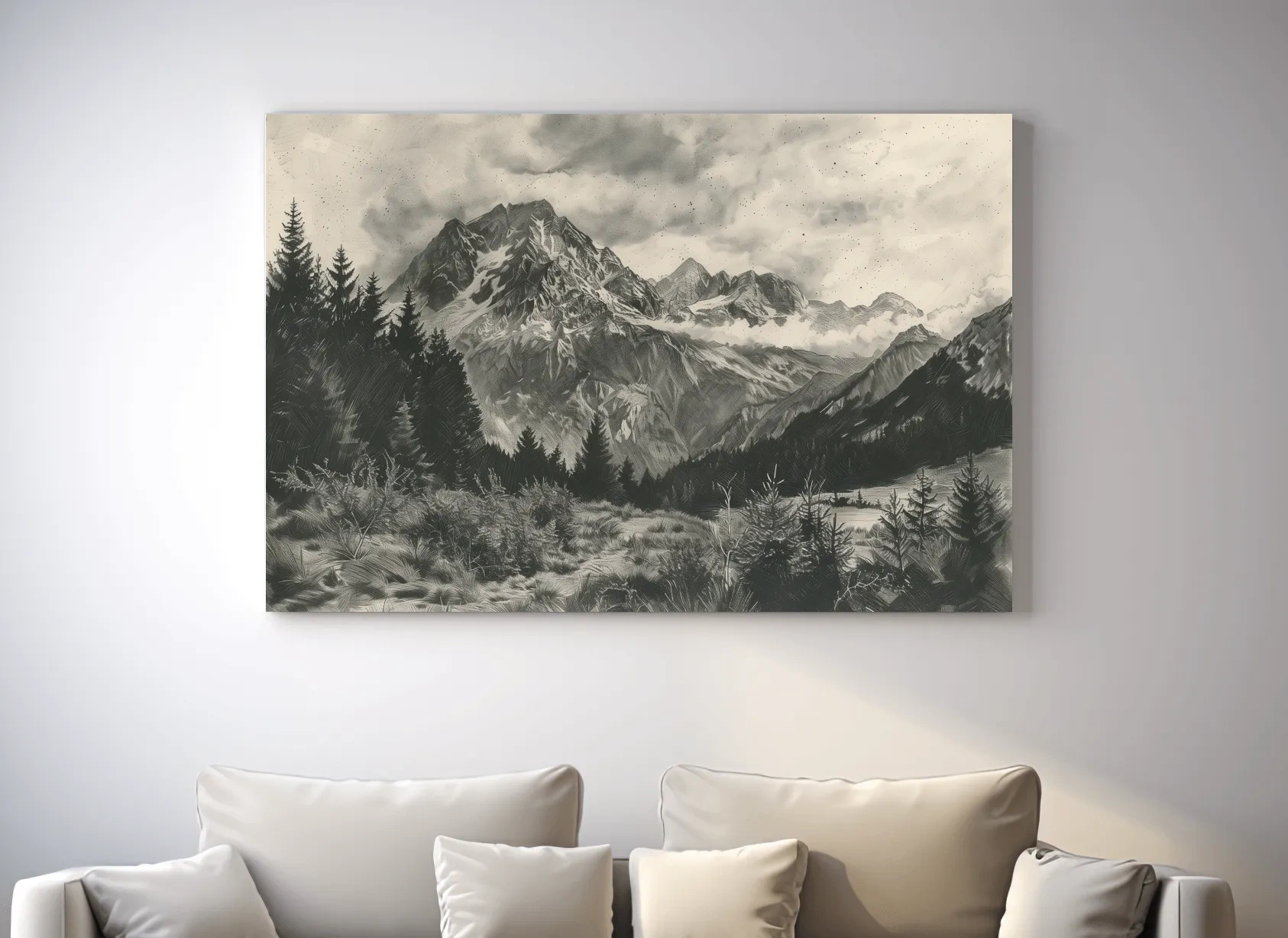 Monochrome Alpine Meadows Mountain Range - Vintage Sketch Landscape Wall Art