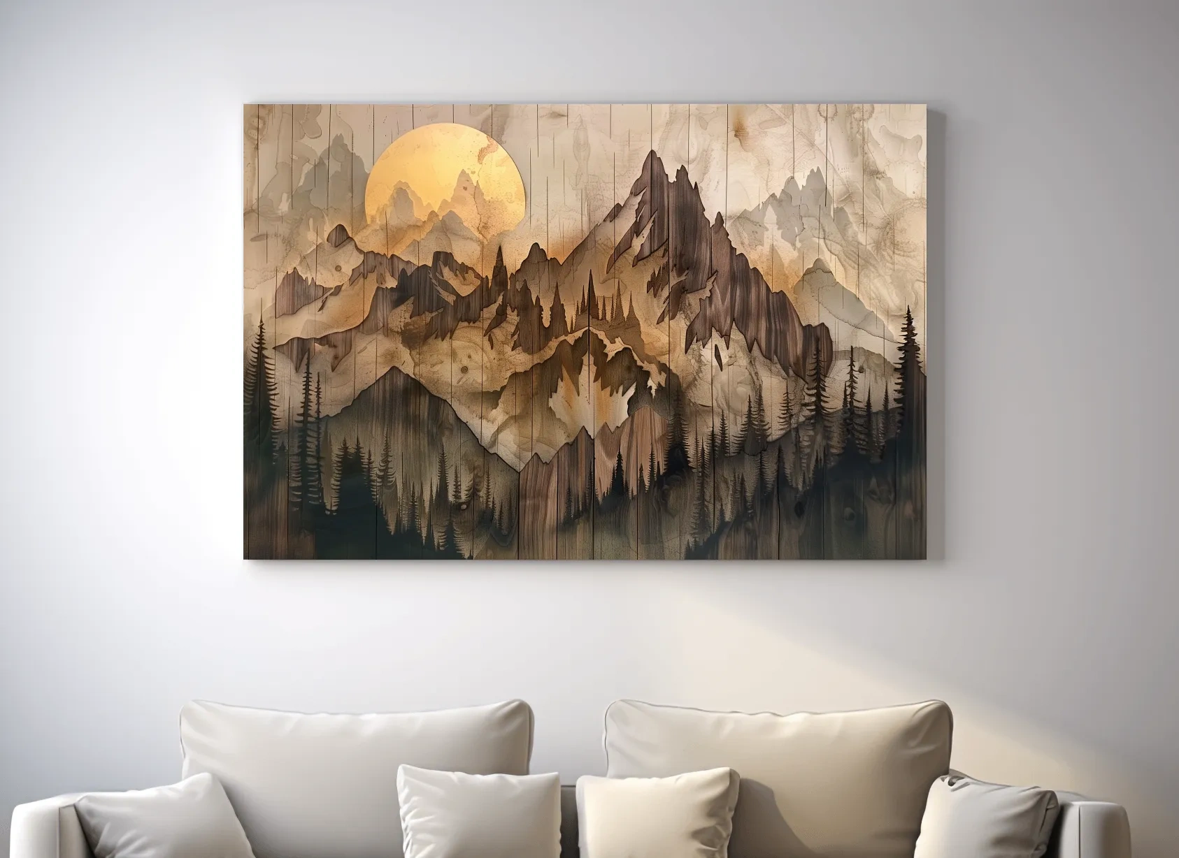 Rustic Sepia Mountain Sunrise Landscape - Vintage Wood Grain Watercolor Artwork
