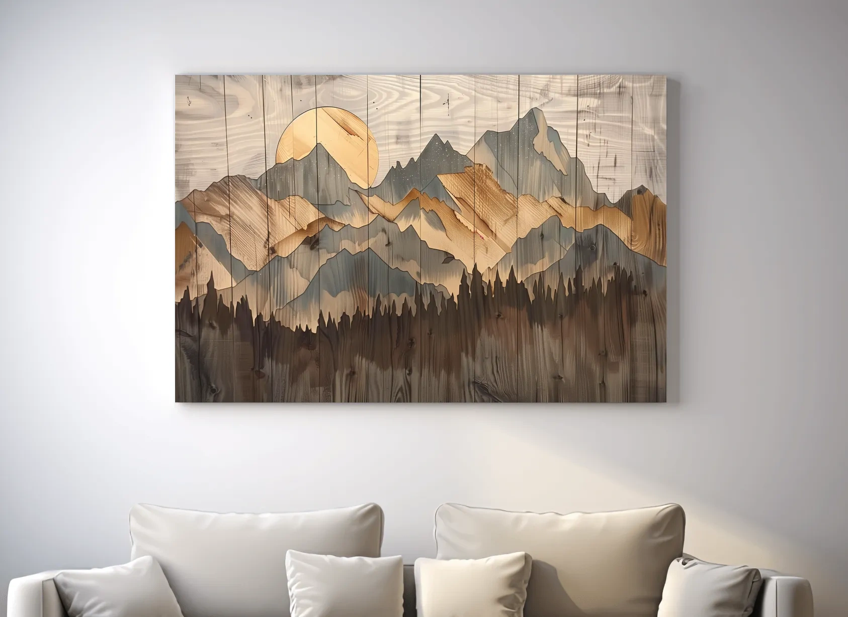 Rustic Mountain Range Sunrise - Woodgrain Style Forest Wall Art