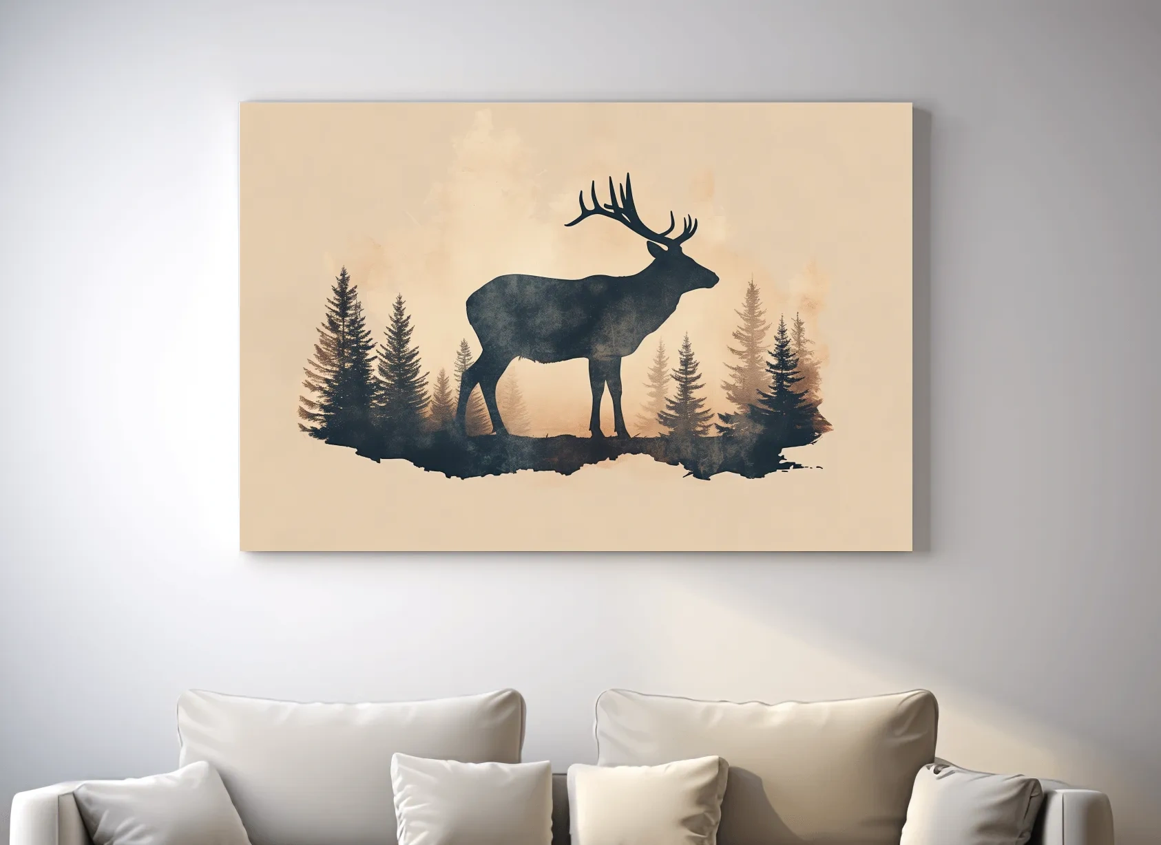 Vintage Sepia Deer Silhouette In Pine Forest - Rustic Woodland Artwork