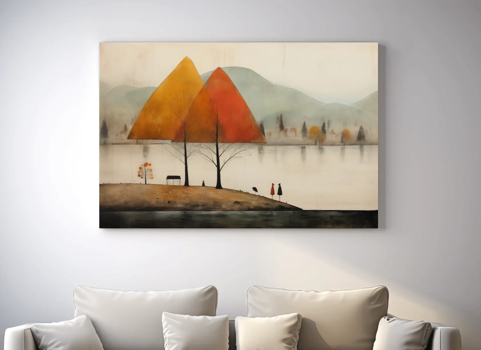 Autumn Mountains Over Misty Lakeside - Quirky Landscape Artwork