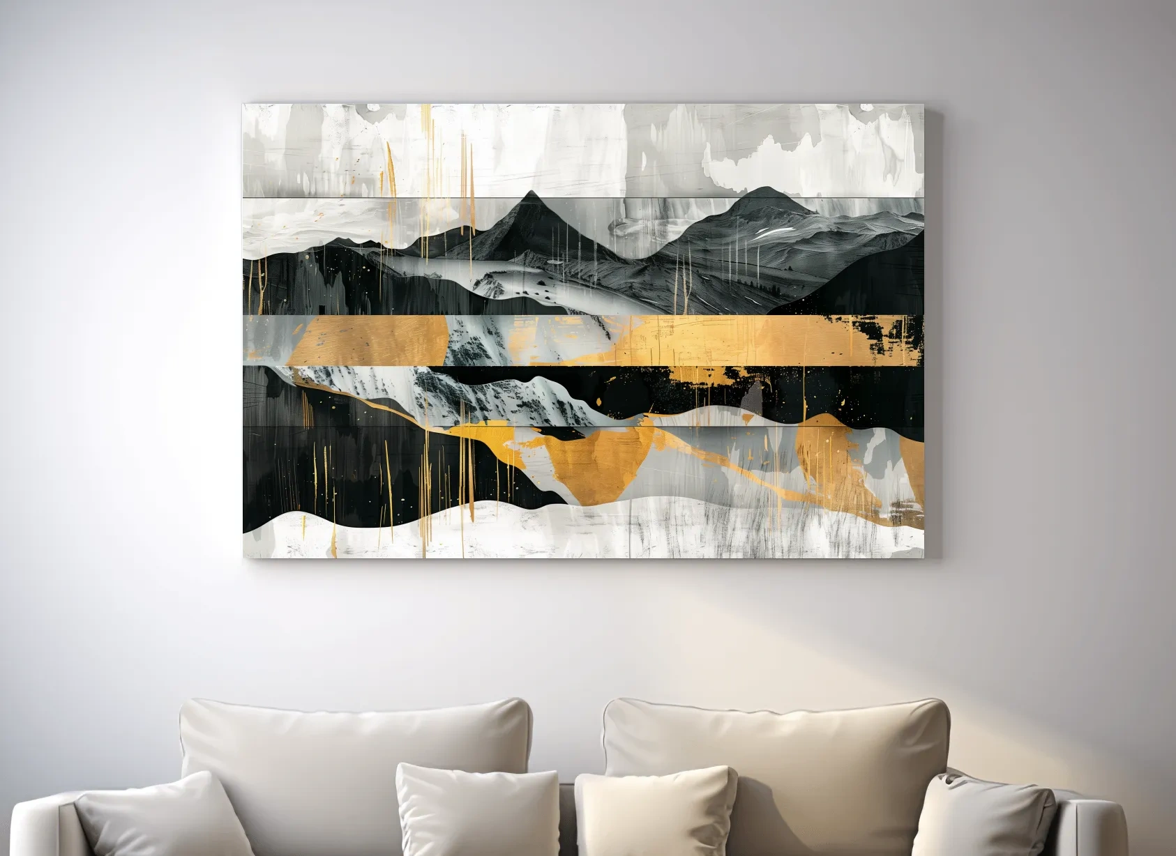 Abstract Monochrome Mountain Range With Gold Accents - Modern Mixed Media Landscape Wall Art