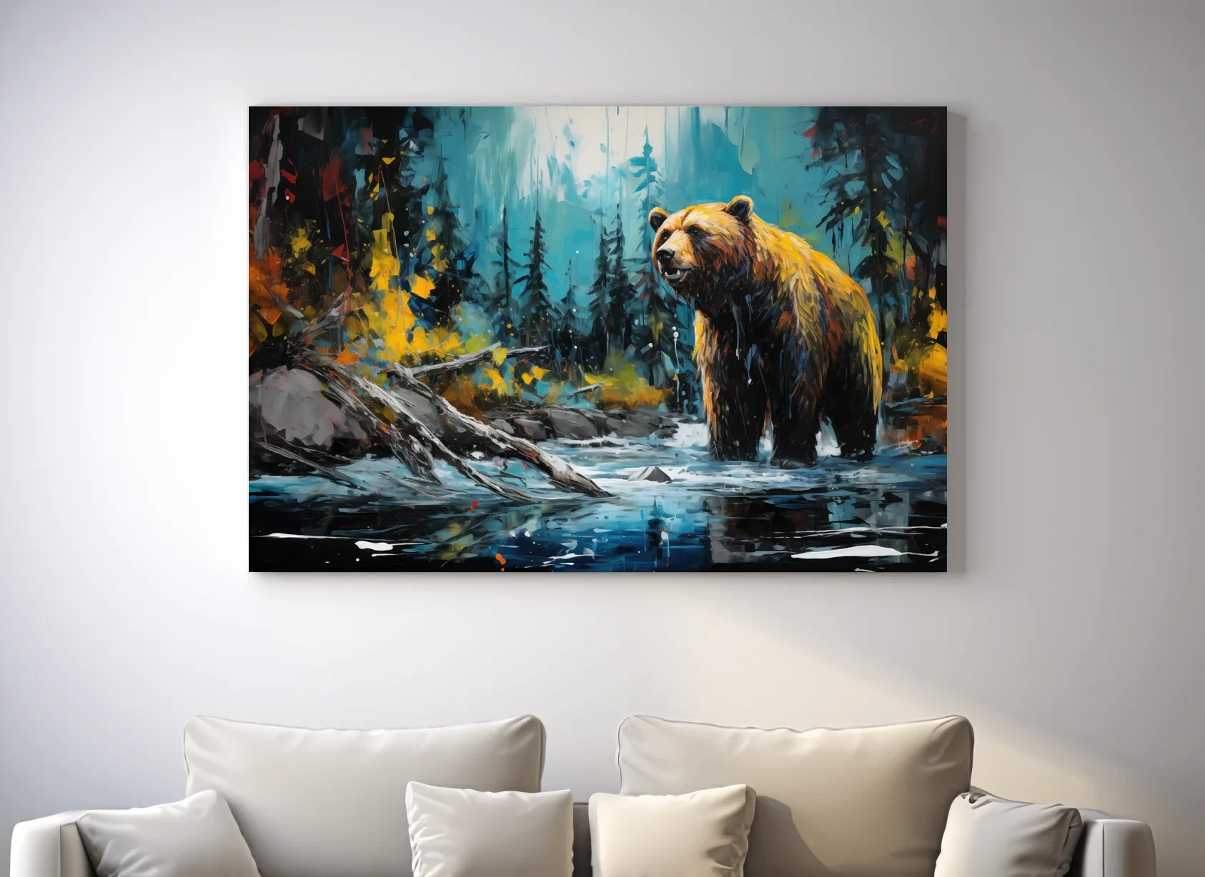 Grizzly Bear Forest River Painting - Vibrant Wildlife Nature Wall Art