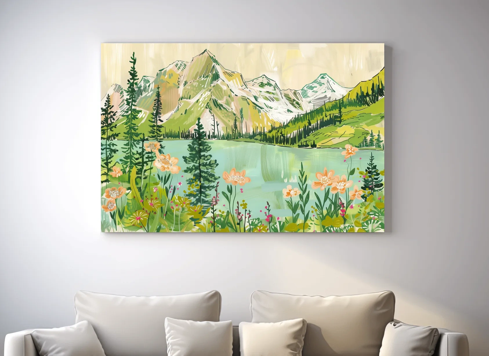 Whimsical Alpine Lake Wildflower Stylized Painting - Mountain Meadows Wall Art