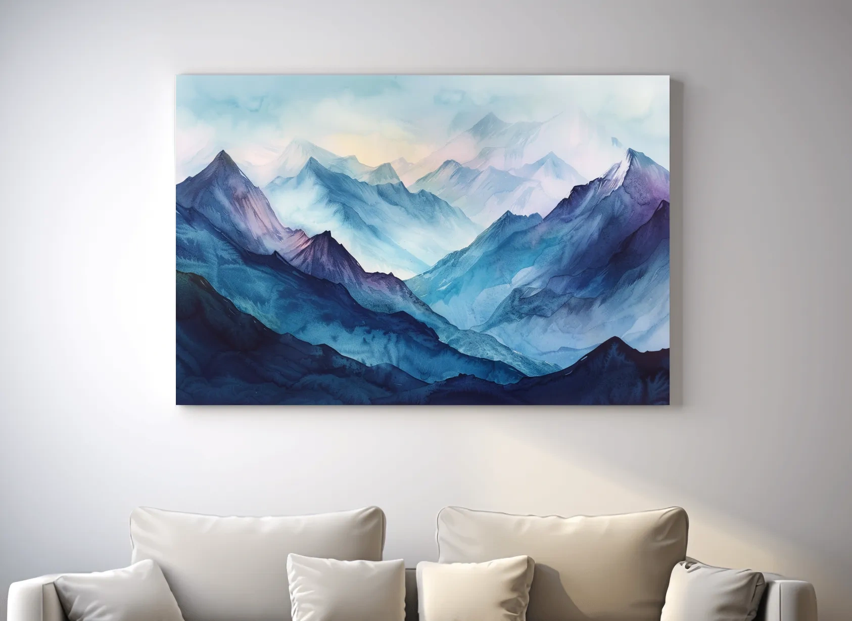 Misty Blue Watercolor Mountain Range Artwork - Serene Colourful Landscape Wall Art