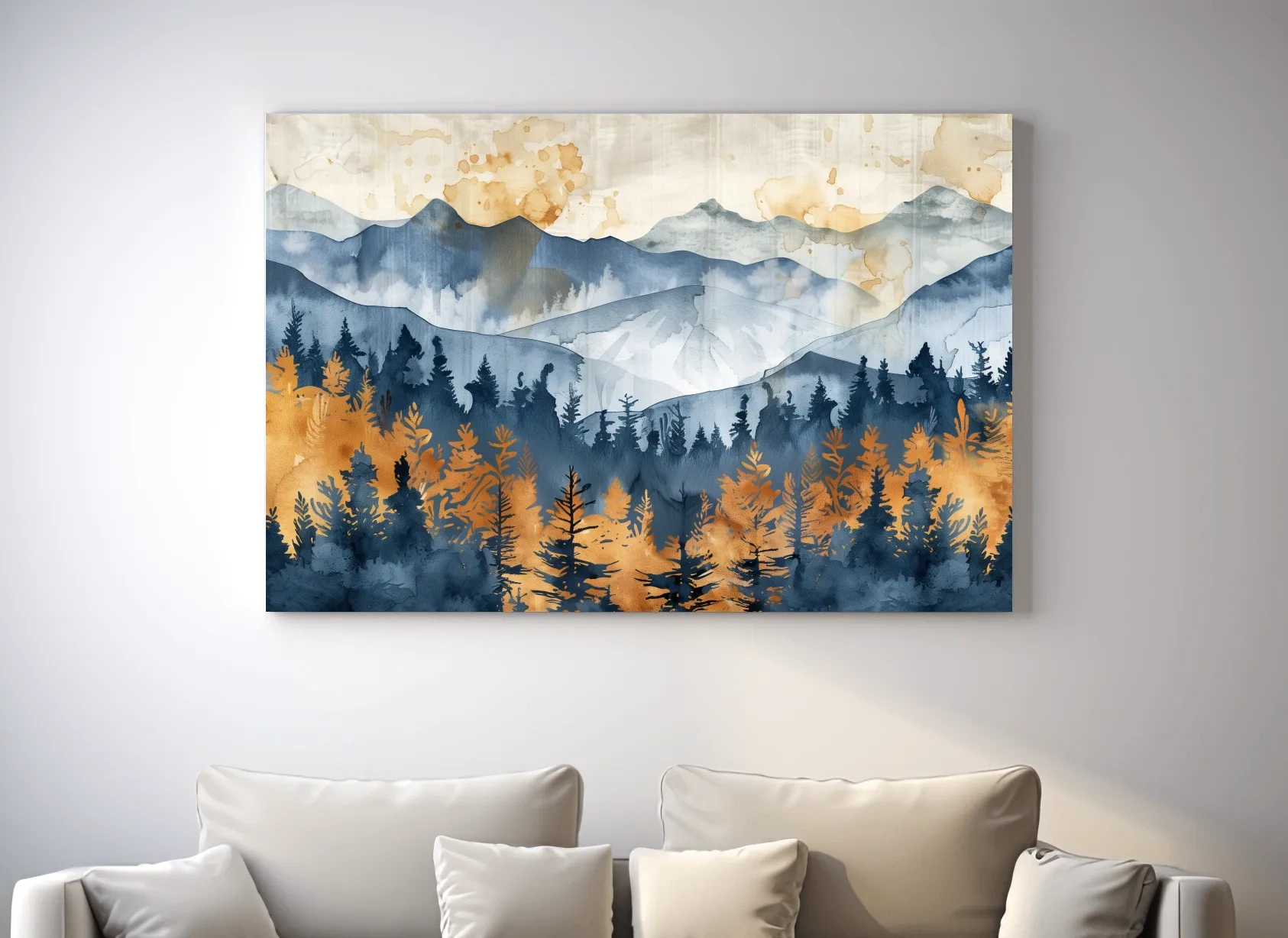 Watercolor Mountain Forest Landscape - Abstract Golden Autumn Pines Wall Art