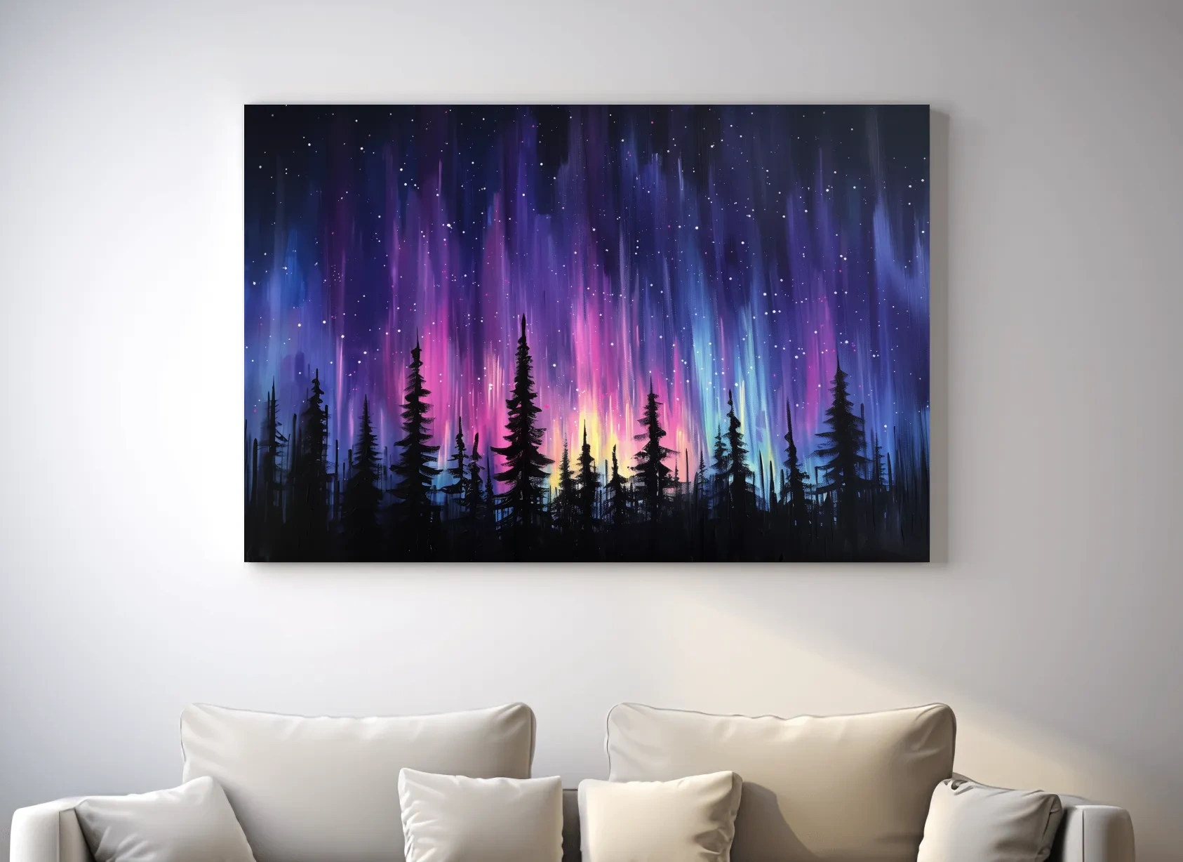 Vibrant Purple Northern Lights & Silhouetted Pine Forest - Aurora Borealis Painting Wall Art