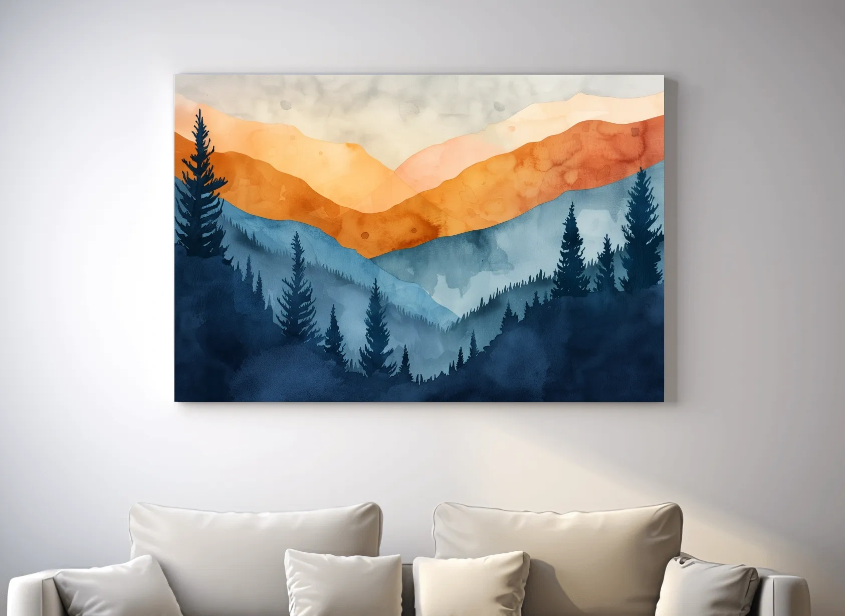 Moody Watercolor Mountain Range Silhouette - Pine Forest Painting Wall Art