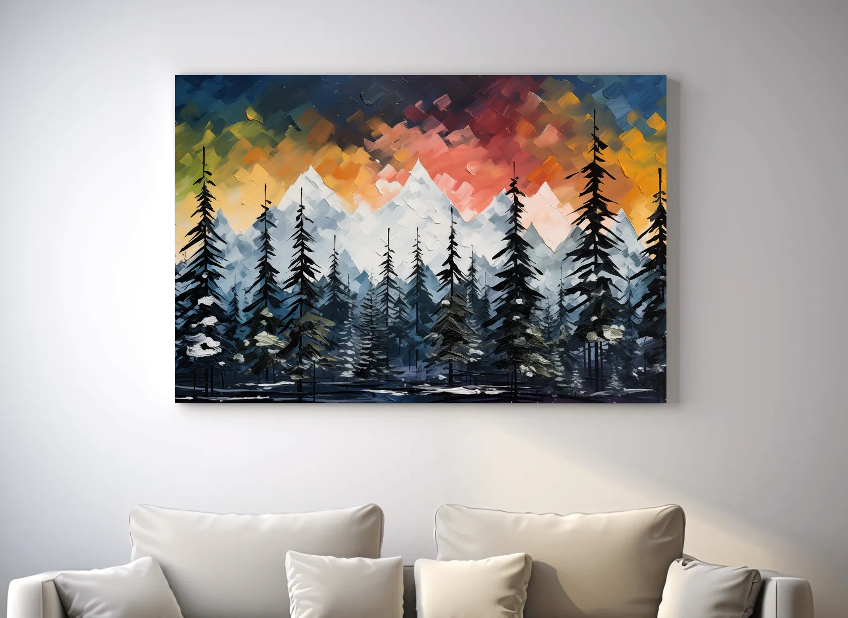 Moody Alpine Mountain Sunset With Pine Forest - Palette Knife Painting Style Landscape Art