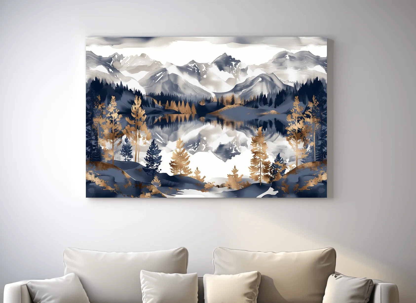 Gold Leaf Style Watercolor Alpine Lake Reflection - Mountain Landscape Artwork