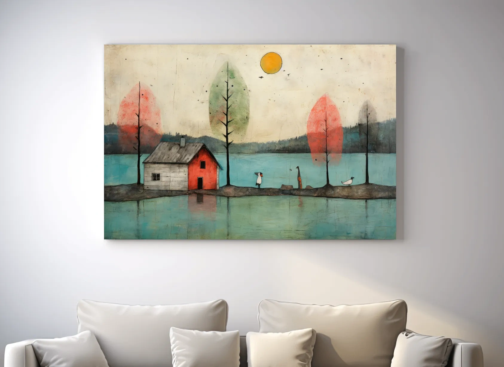 Whimsical Lakeside Cabin Illustration - Rustic Folk Landscape Wall Art
