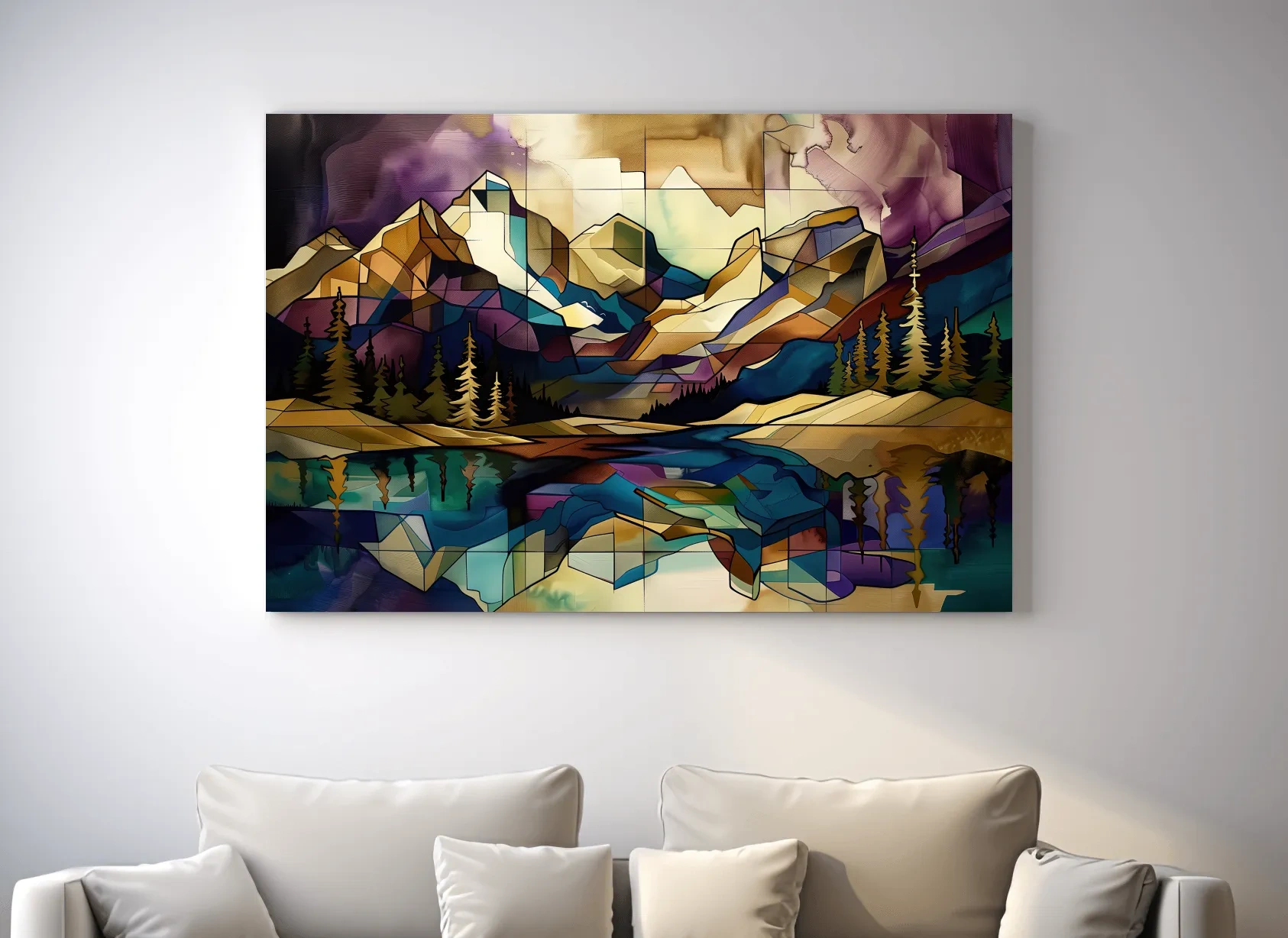 Geometric Stained Glass Mountain Lake Reflection - Colorful Abstract Landscape Artwork