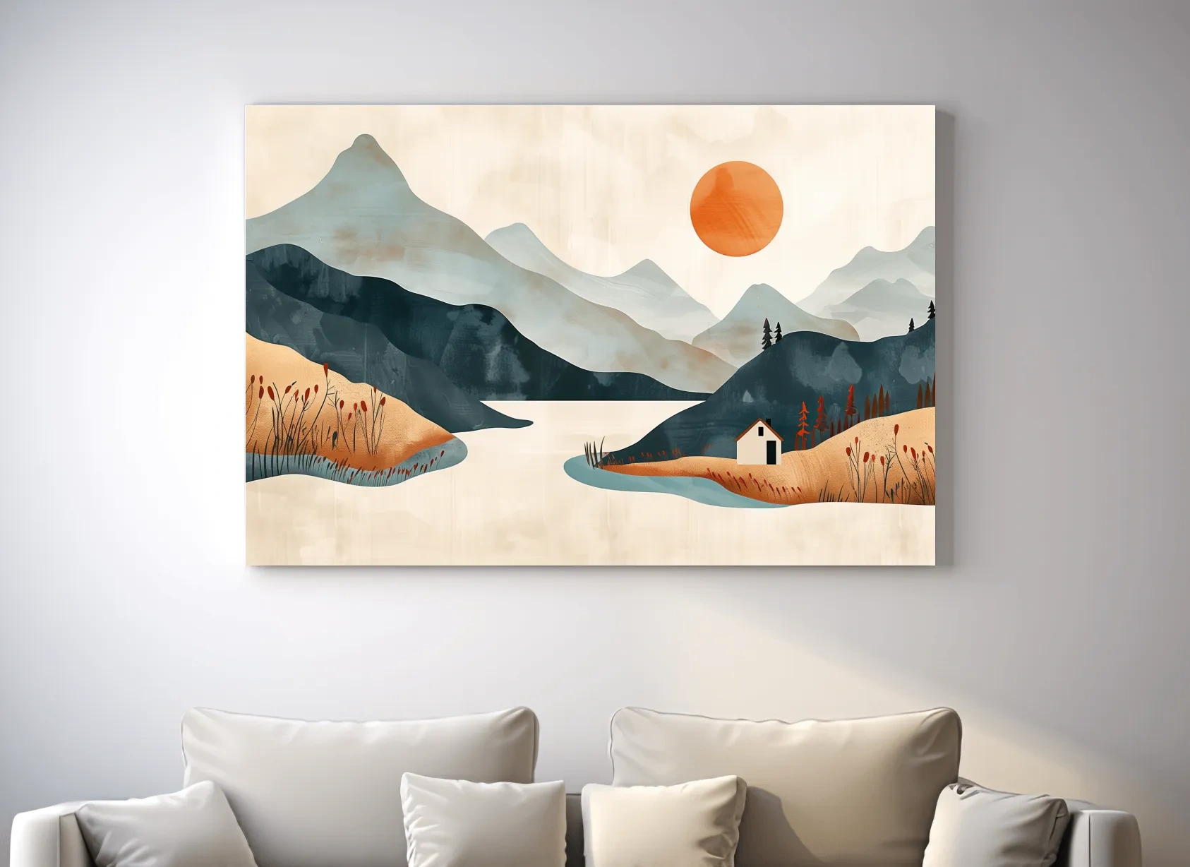 Minimalist Mountain Sunset Lake Cabin Illustration - Modern Scandinavian Wall Art