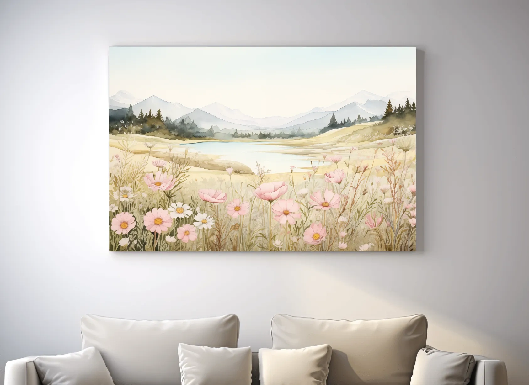 Soft Watercolor Wildflower Meadow Landscape - Serene Pastel Alpine Wall Art