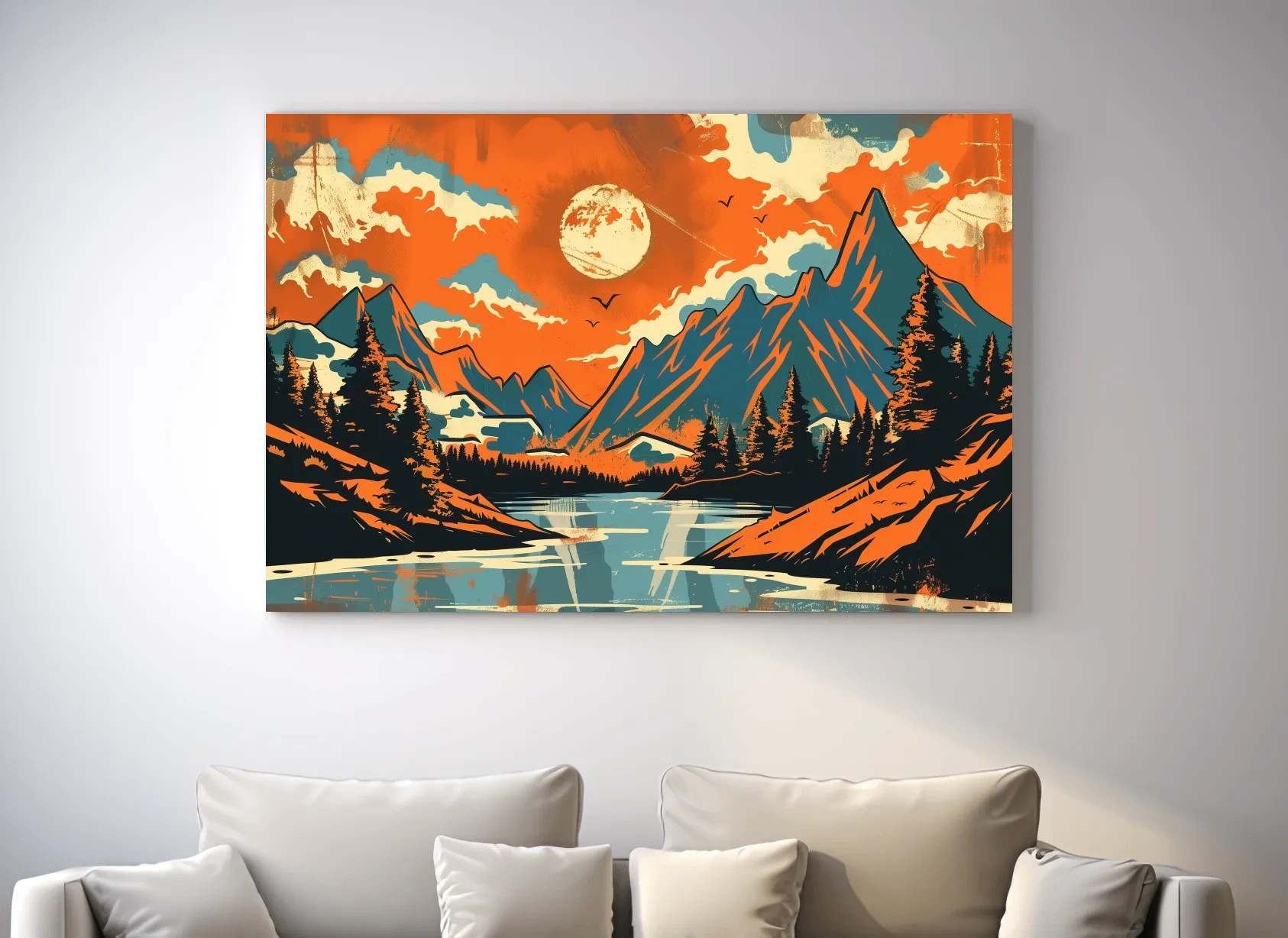 Vibrant Retro Mountain Lake Sunset Illustration - Bold Vector Landscape Wall Art