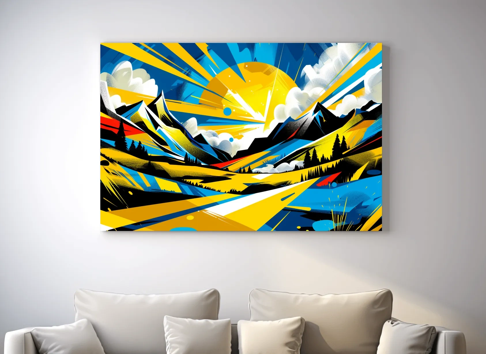 Vibrant Geometric Graffiti Mountain Sunset Landscape - Bold Pop Art Style Wall Art