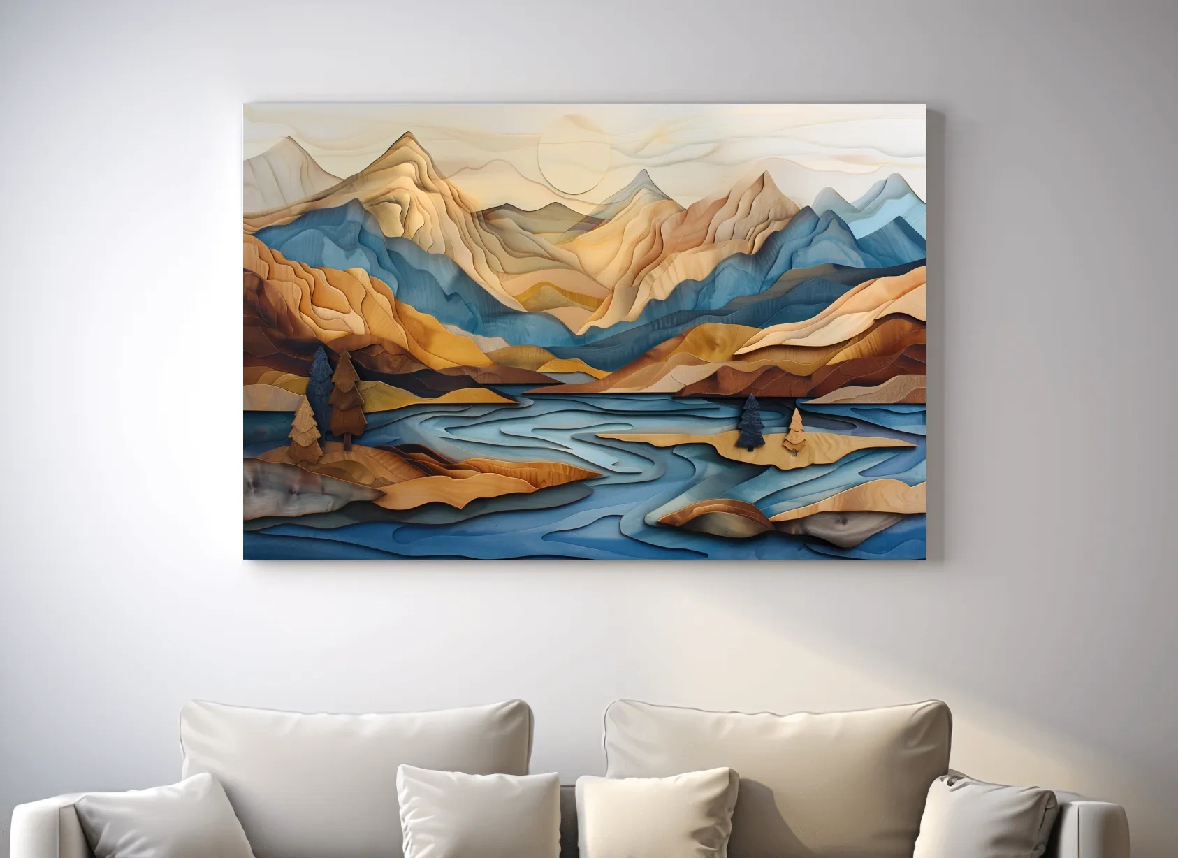 Wood Intarsia Style Alpine Mountain Lake Landscape - Modern Abstract Wall Art